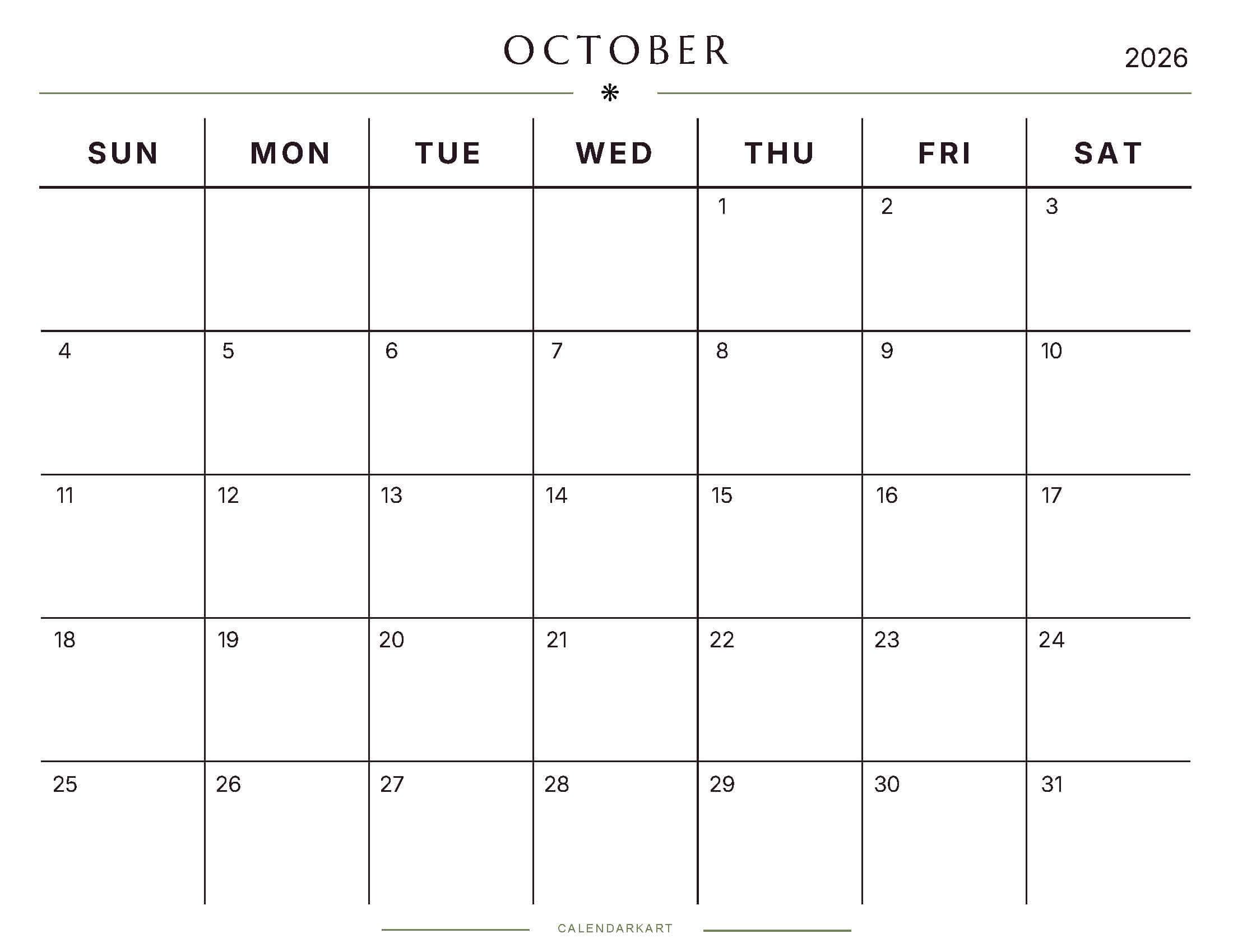 Printable October 2026 Monthly Calendar 6