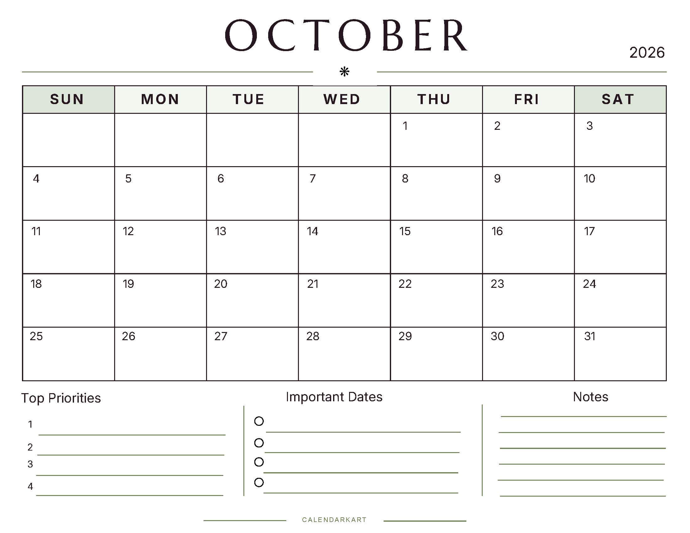 Printable October 2026 Monthly Calendar 7