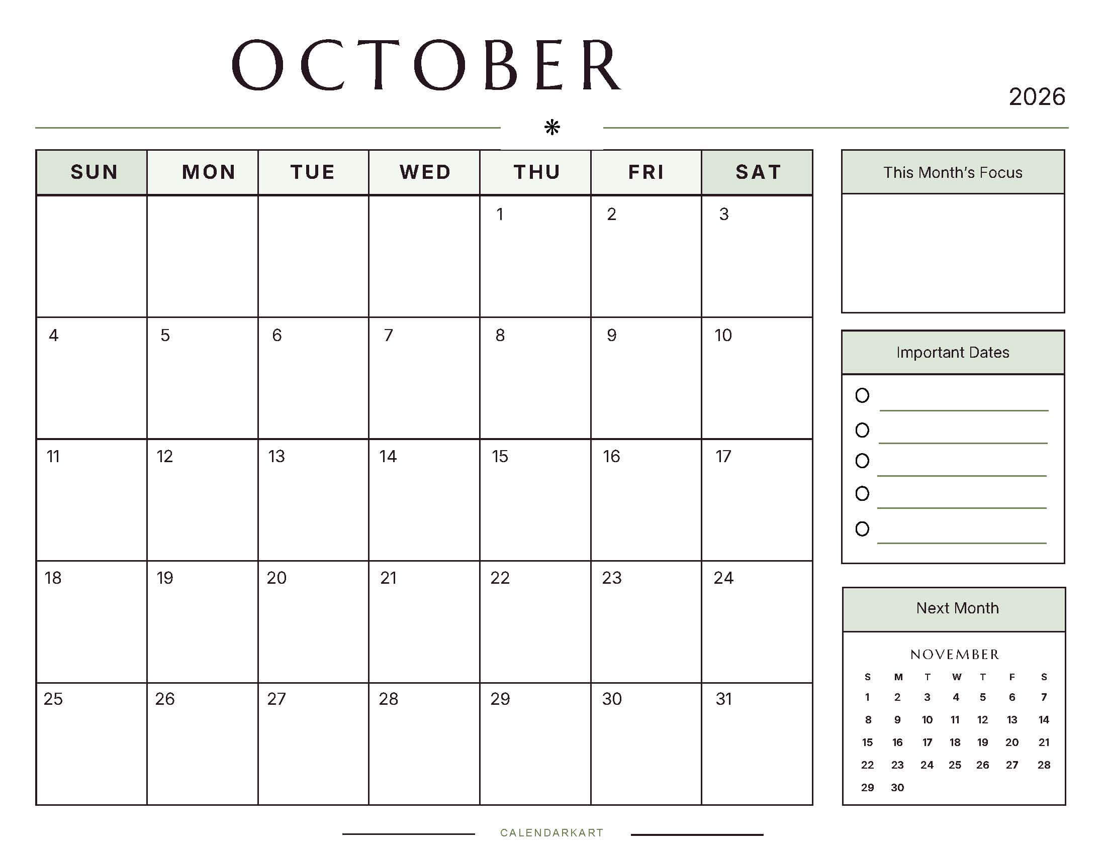 Printable October 2026 Monthly Calendar 9