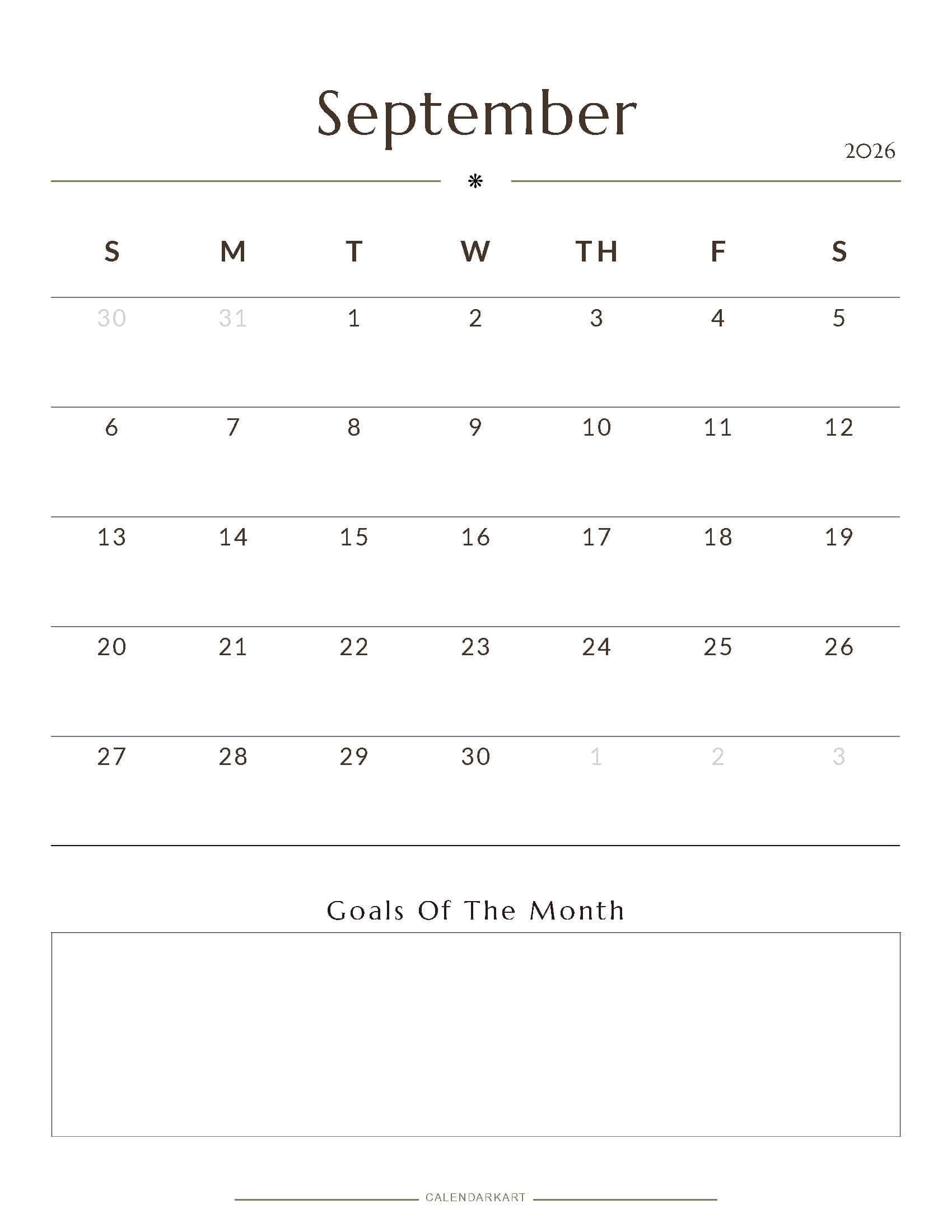 Printable September 2026 Monthly Calendar 1