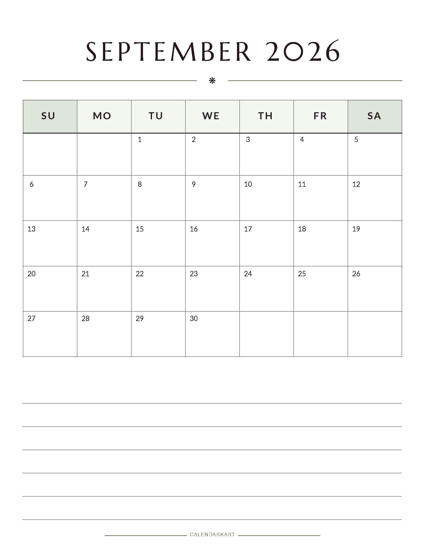 Printable September 2026 Monthly Calendar 10