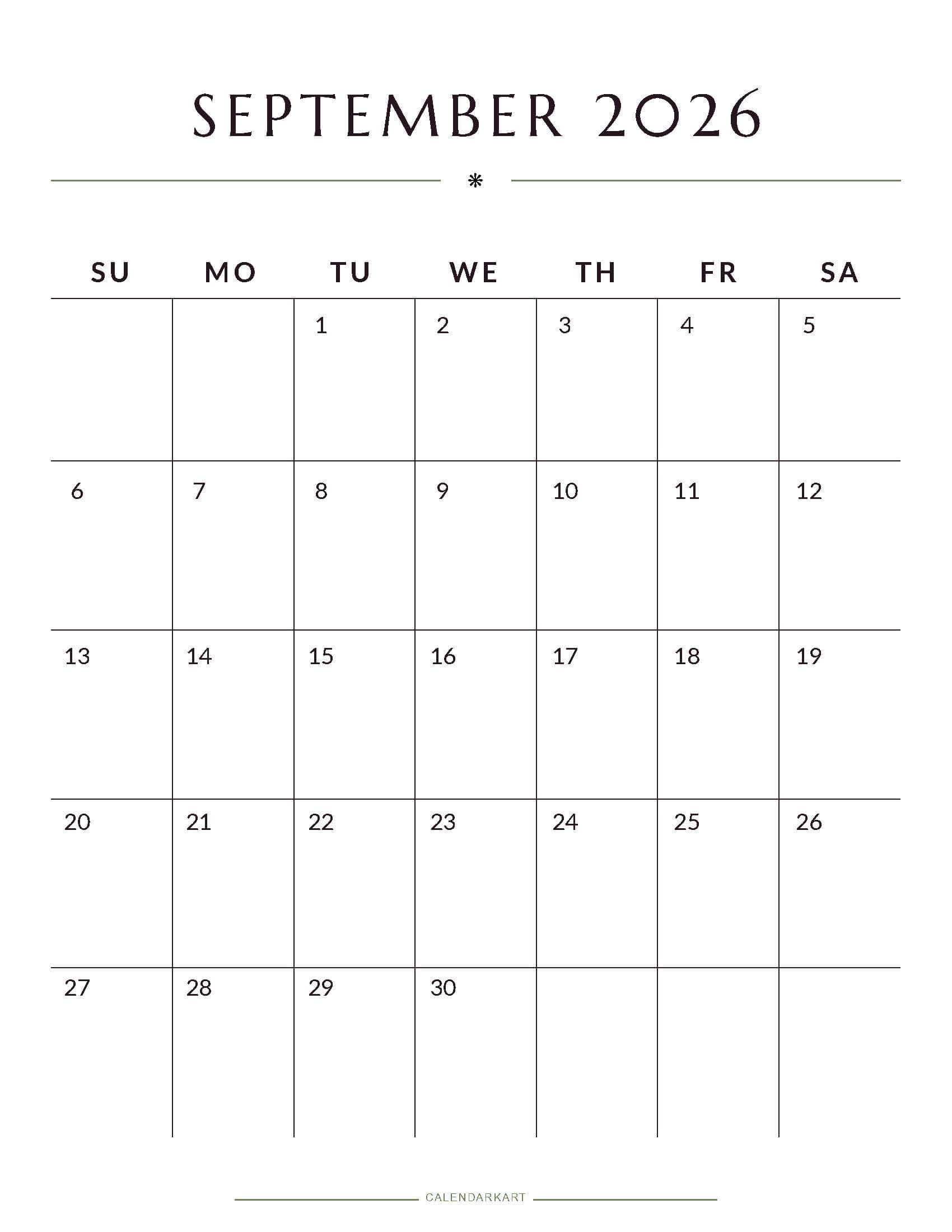 Printable September 2026 Monthly Calendar 2