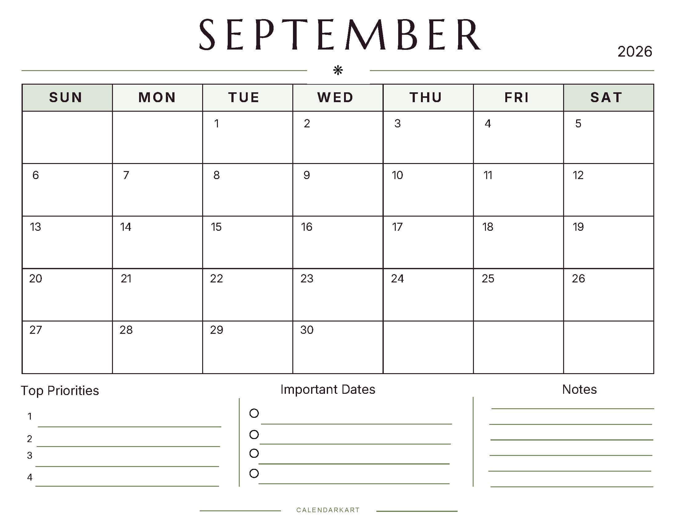 Printable September 2026 Monthly Calendar 7