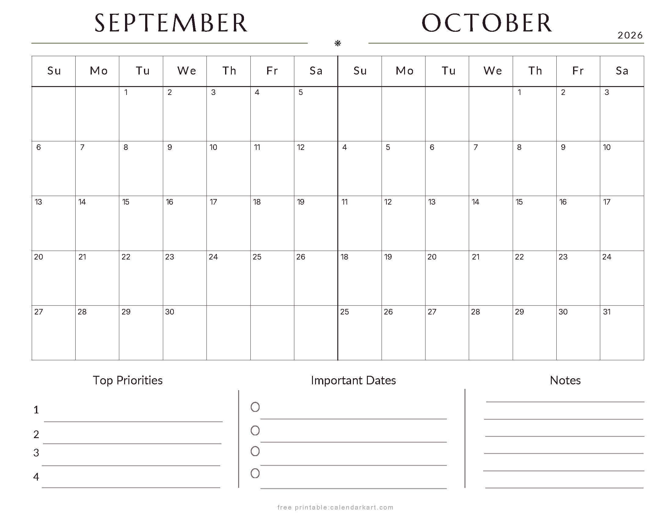 September-October Bi Monthly Calendar 2026 1