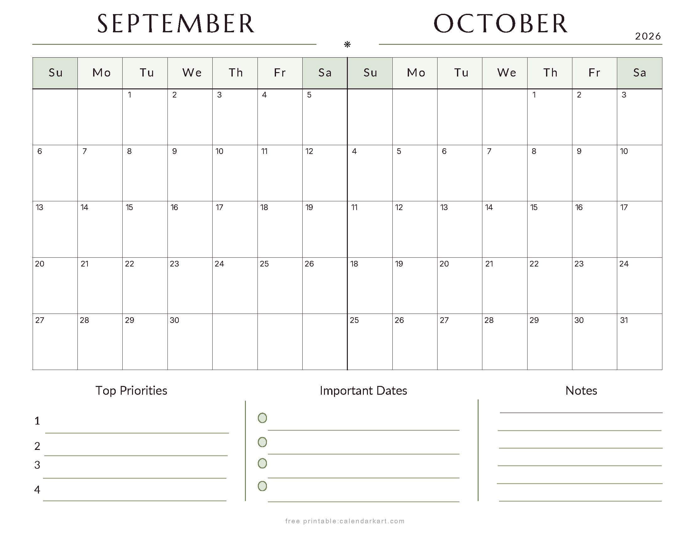 September-October Bi Monthly Calendar 2026 2