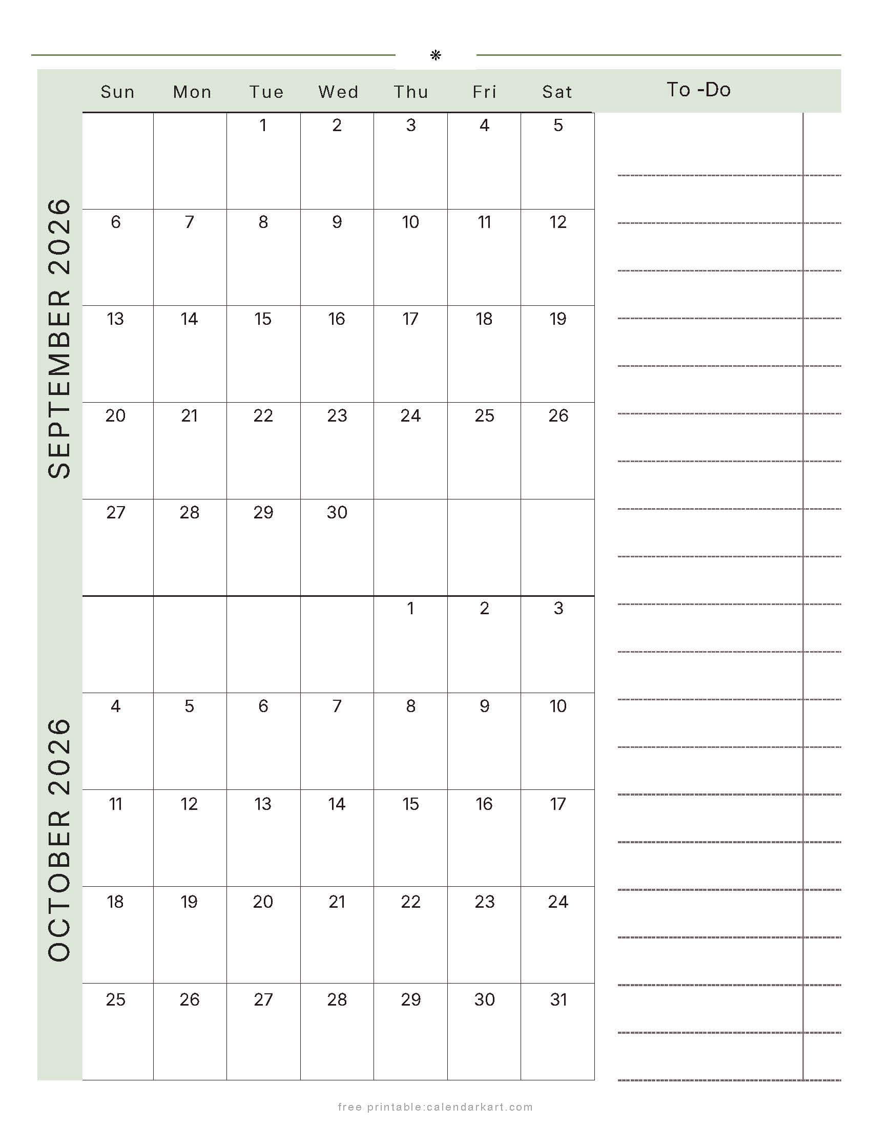 September-October Bi Monthly Calendar 2026 9