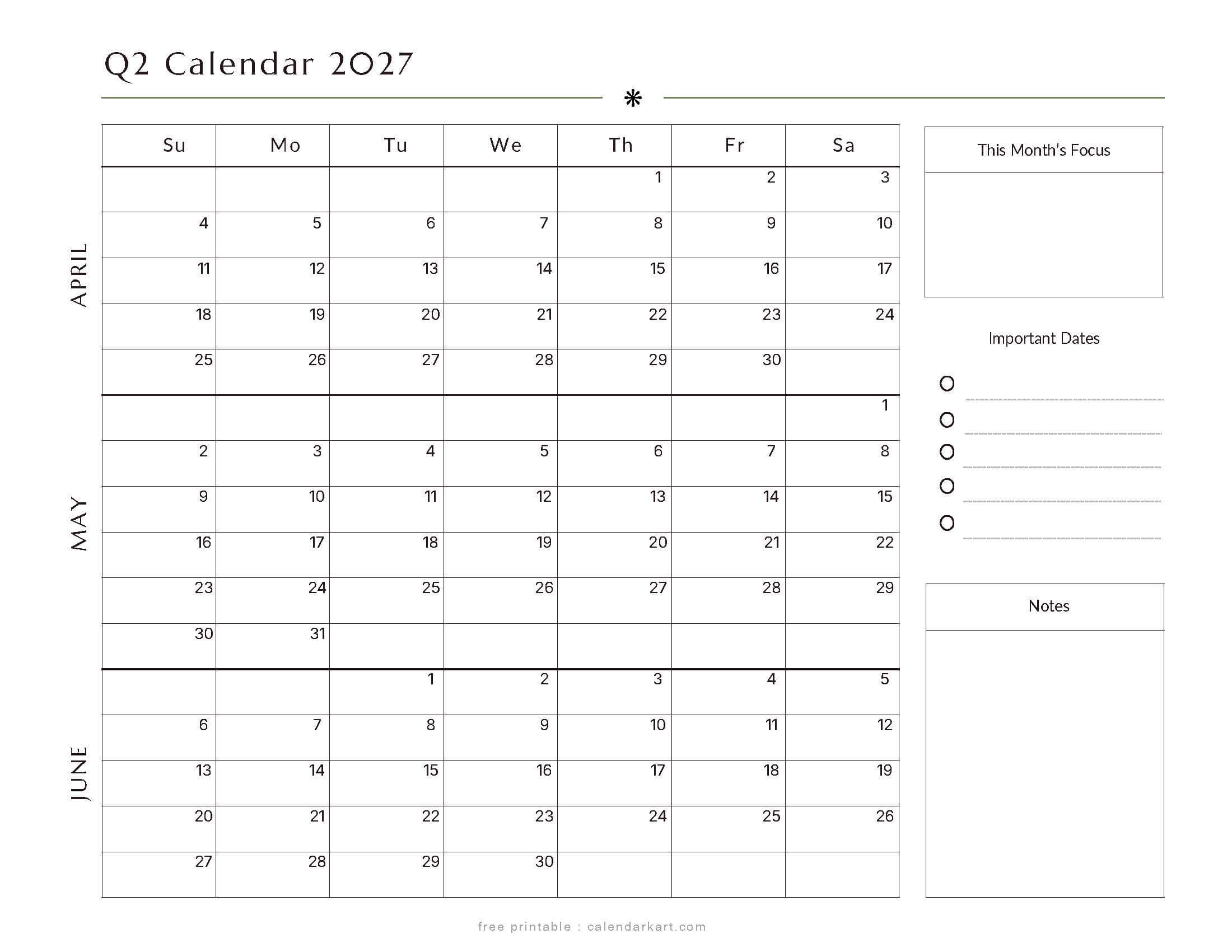April-June 2027 Quarterly Calendar 1