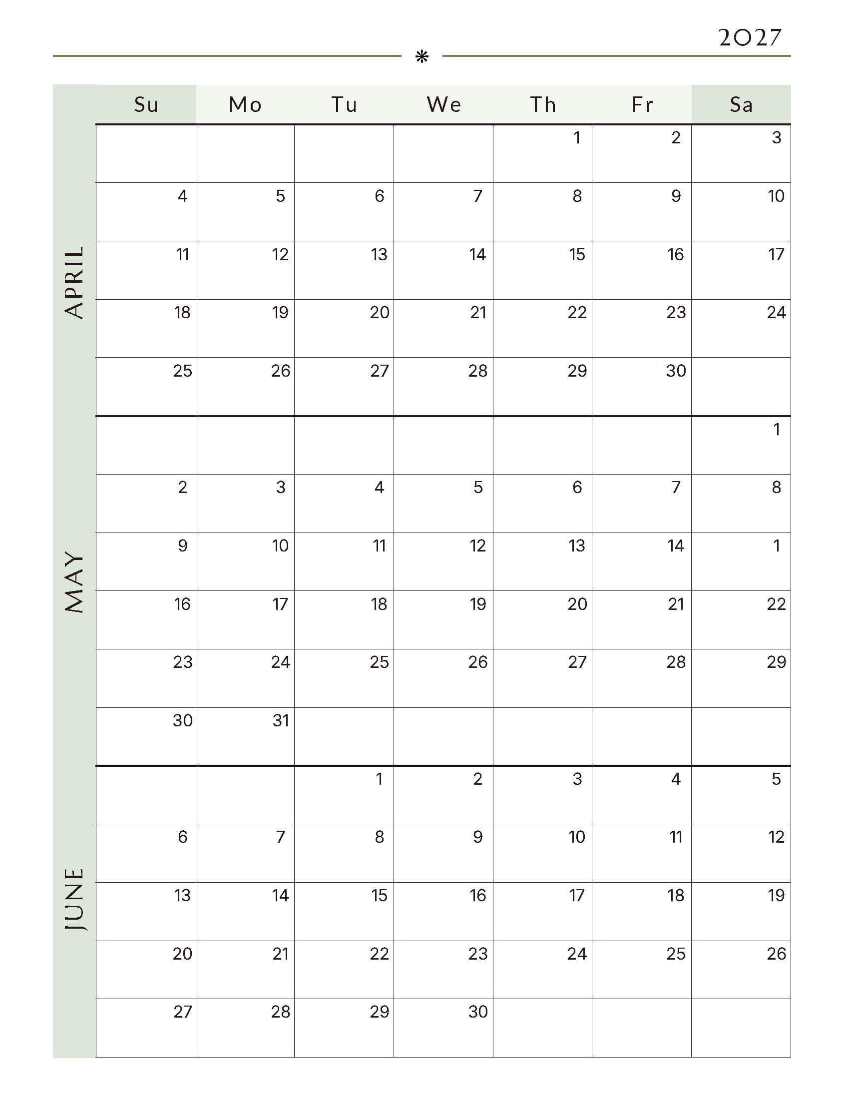 April-June 2027 Quarterly Calendar 10