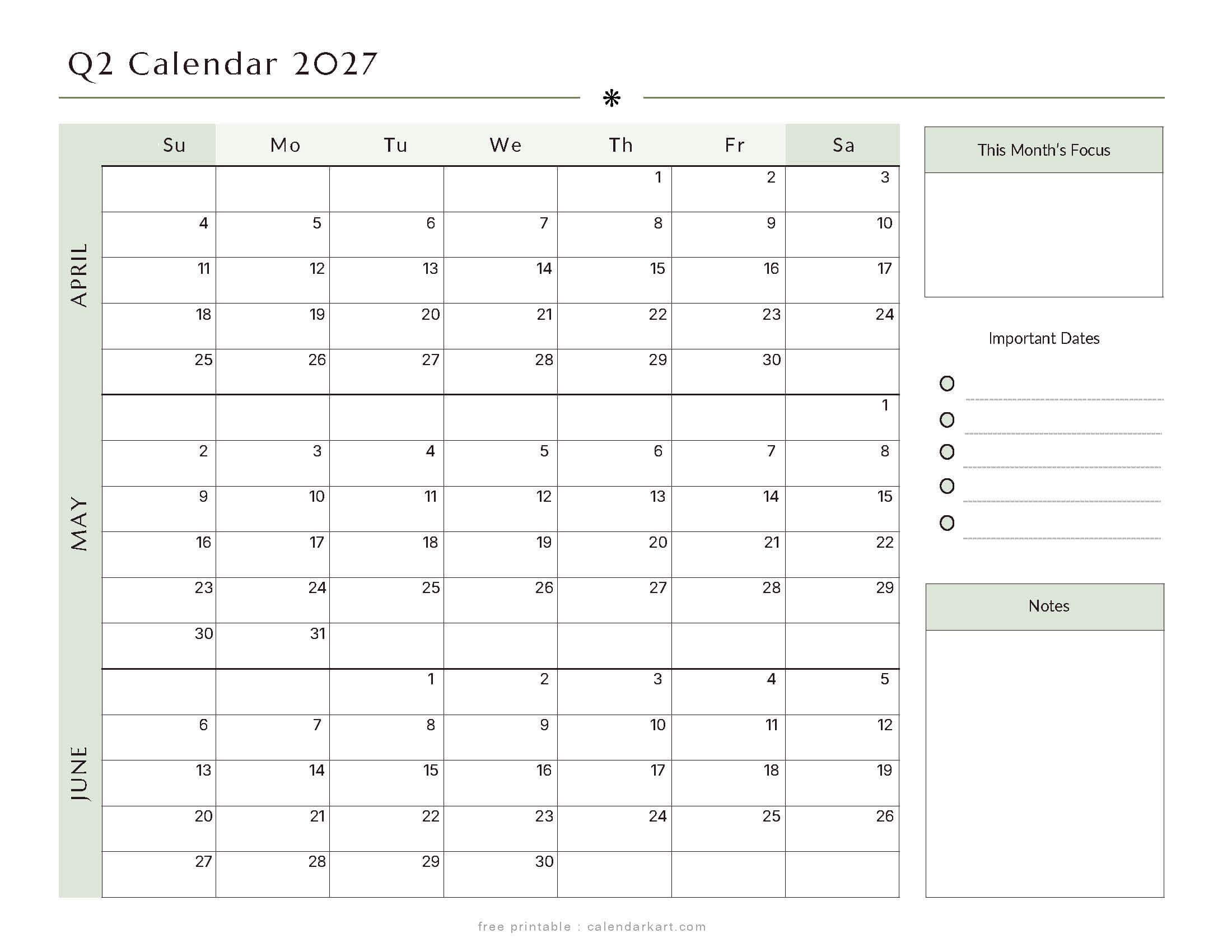April-June 2027 Quarterly Calendar 2