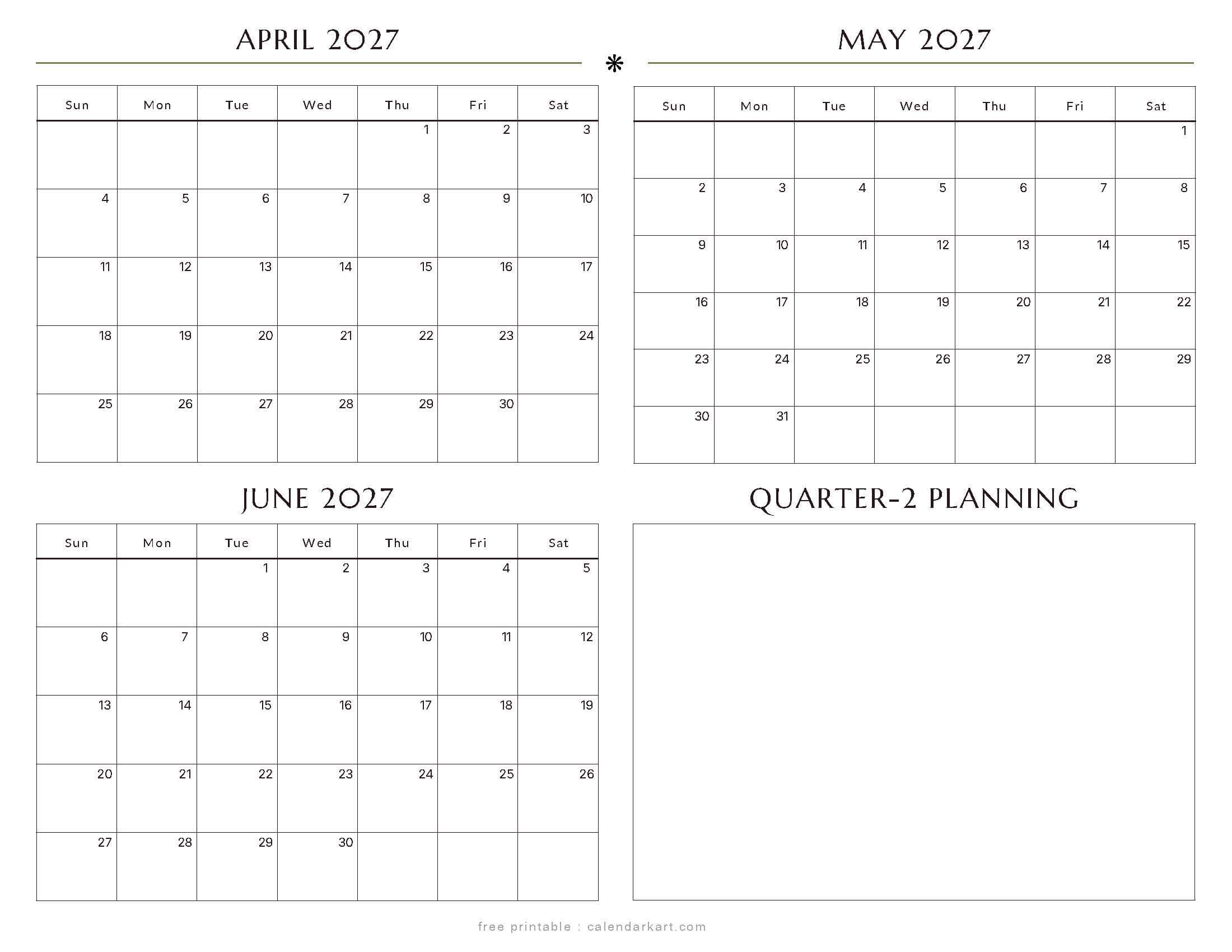 April-June 2027 Quarterly Calendar 3