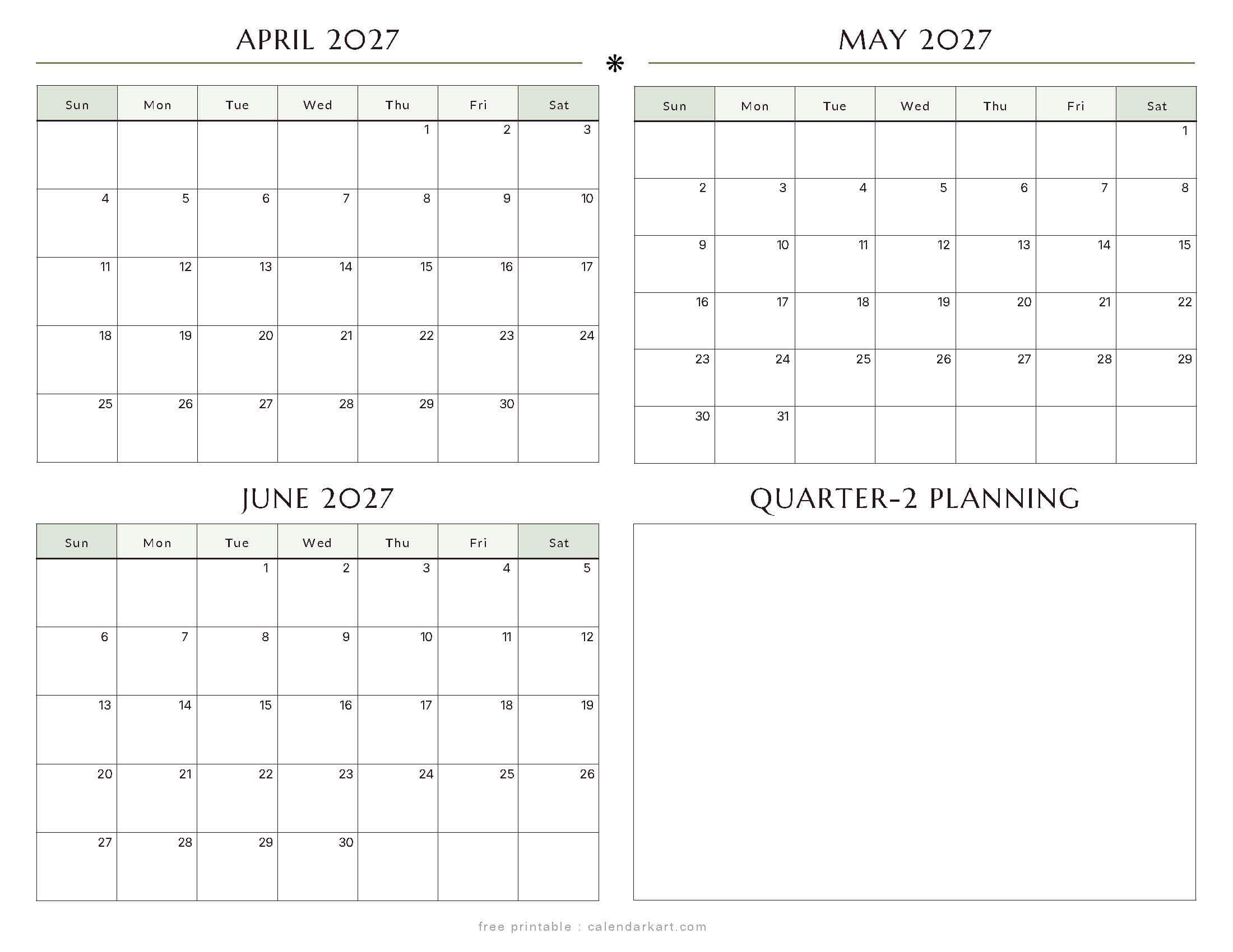 April-June 2027 Quarterly Calendar 4