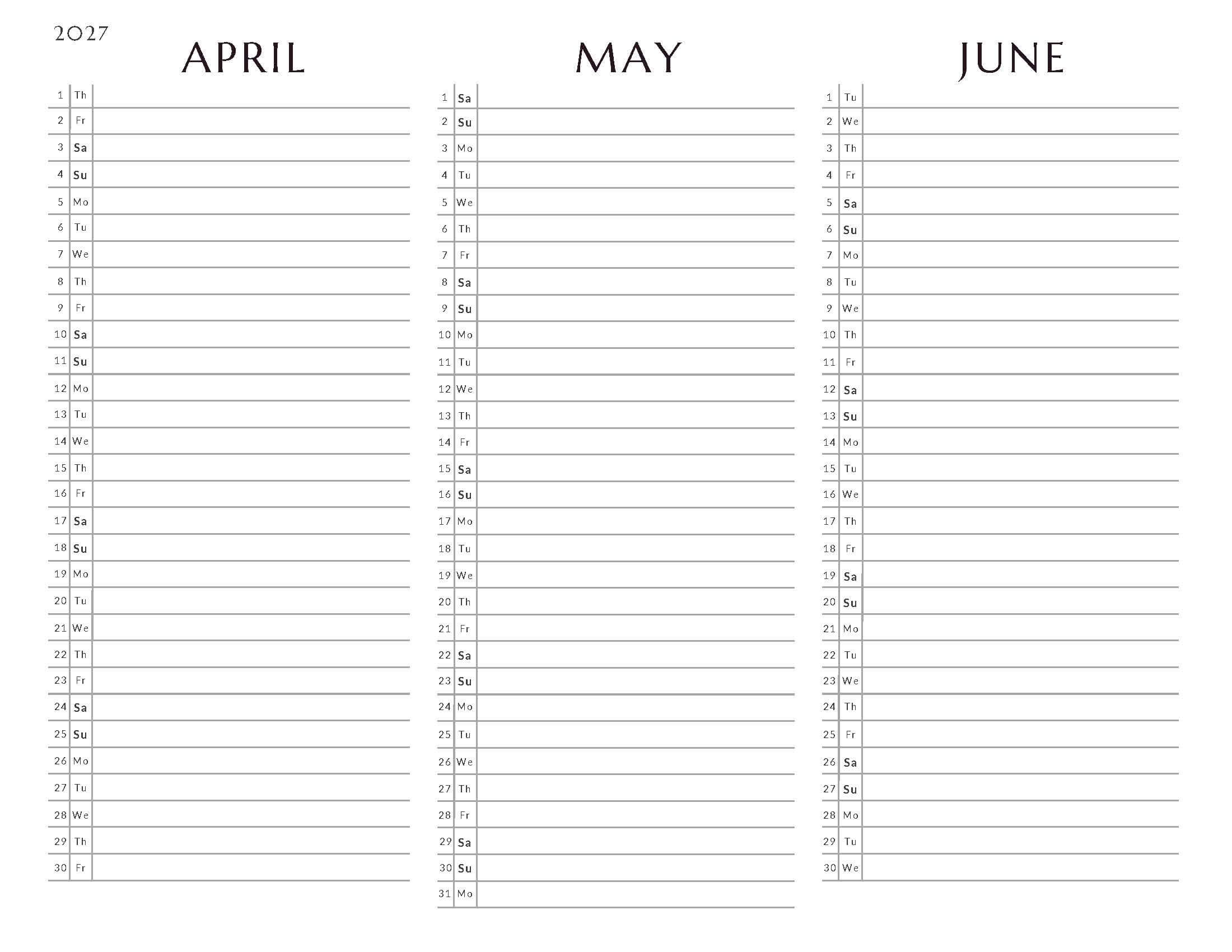 April-June 2027 Quarterly Calendar 5