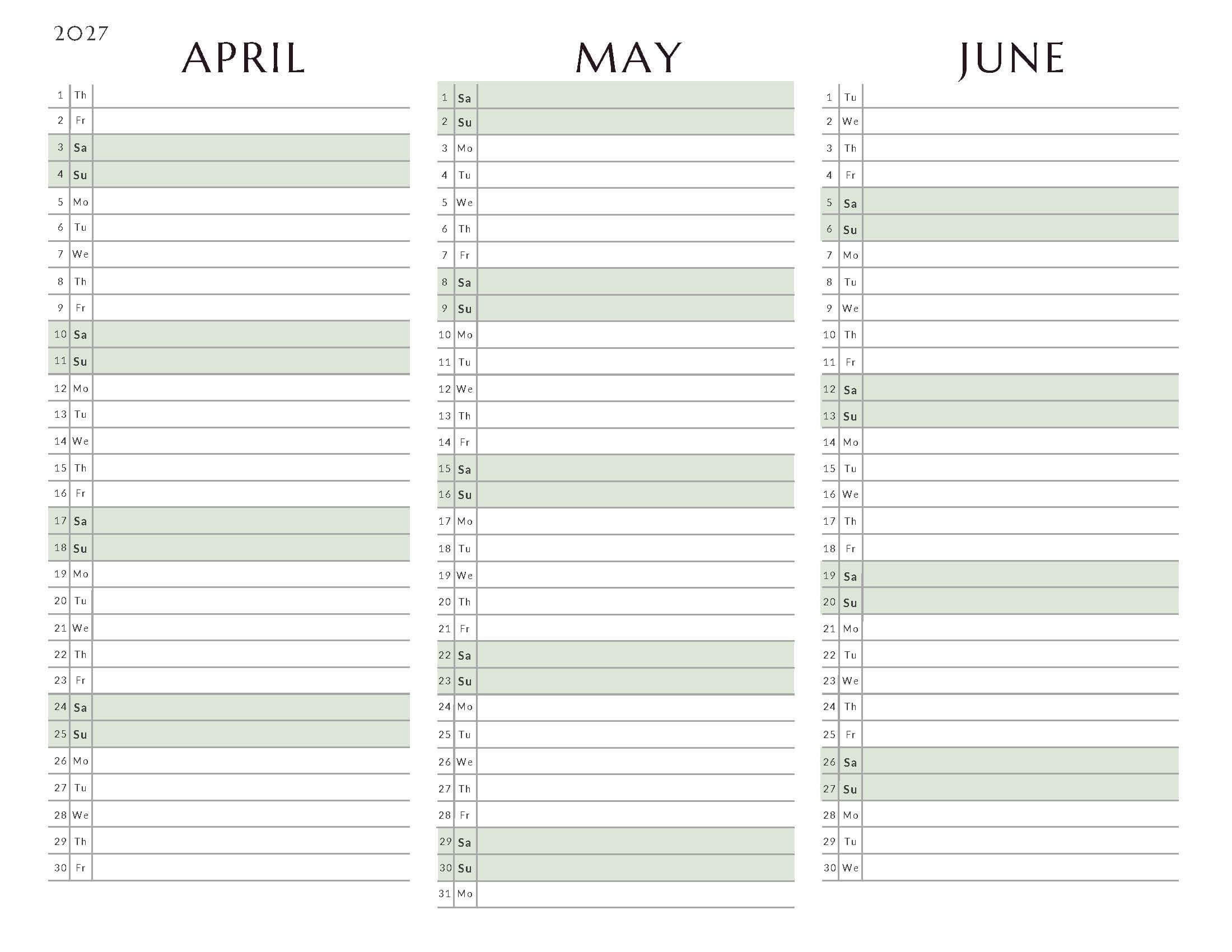 April-June 2027 Quarterly Calendar 6