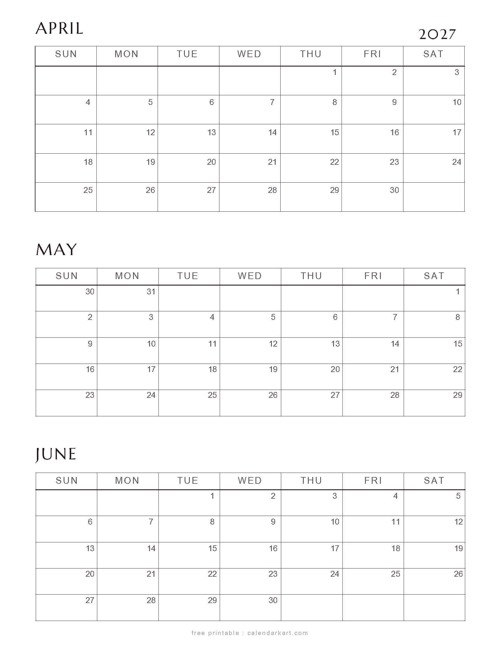 April-June 2027 Quarterly Calendar 7