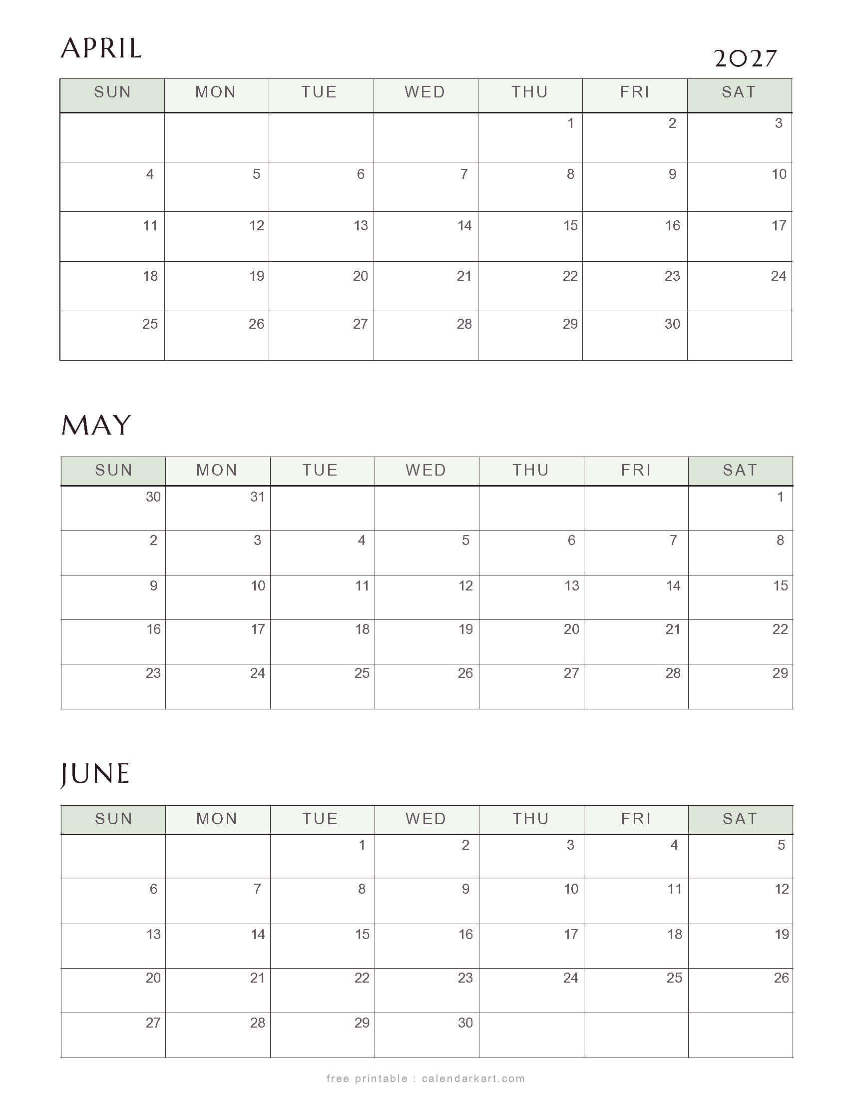 April-June 2027 Quarterly Calendar 8
