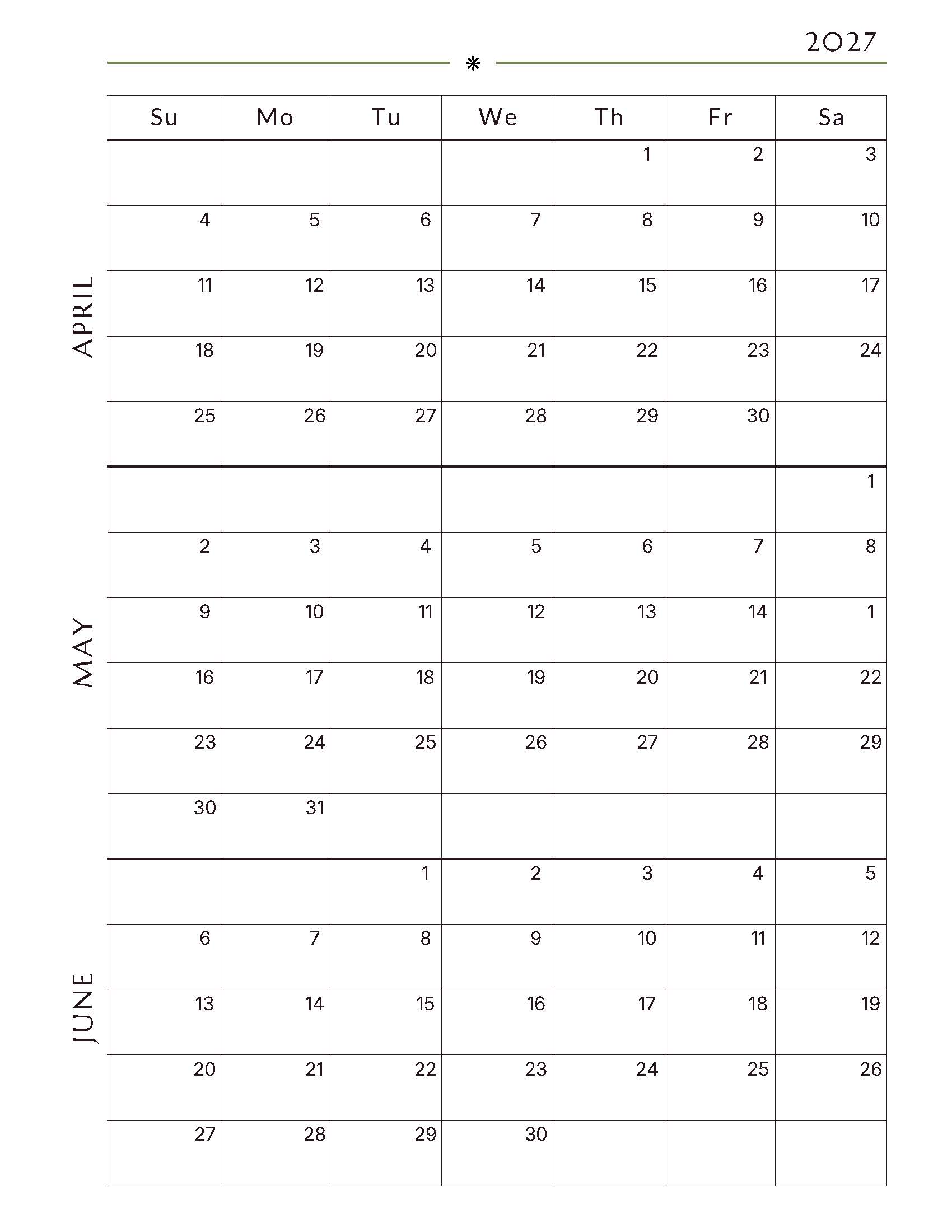 April-June 2027 Quarterly Calendar 9.