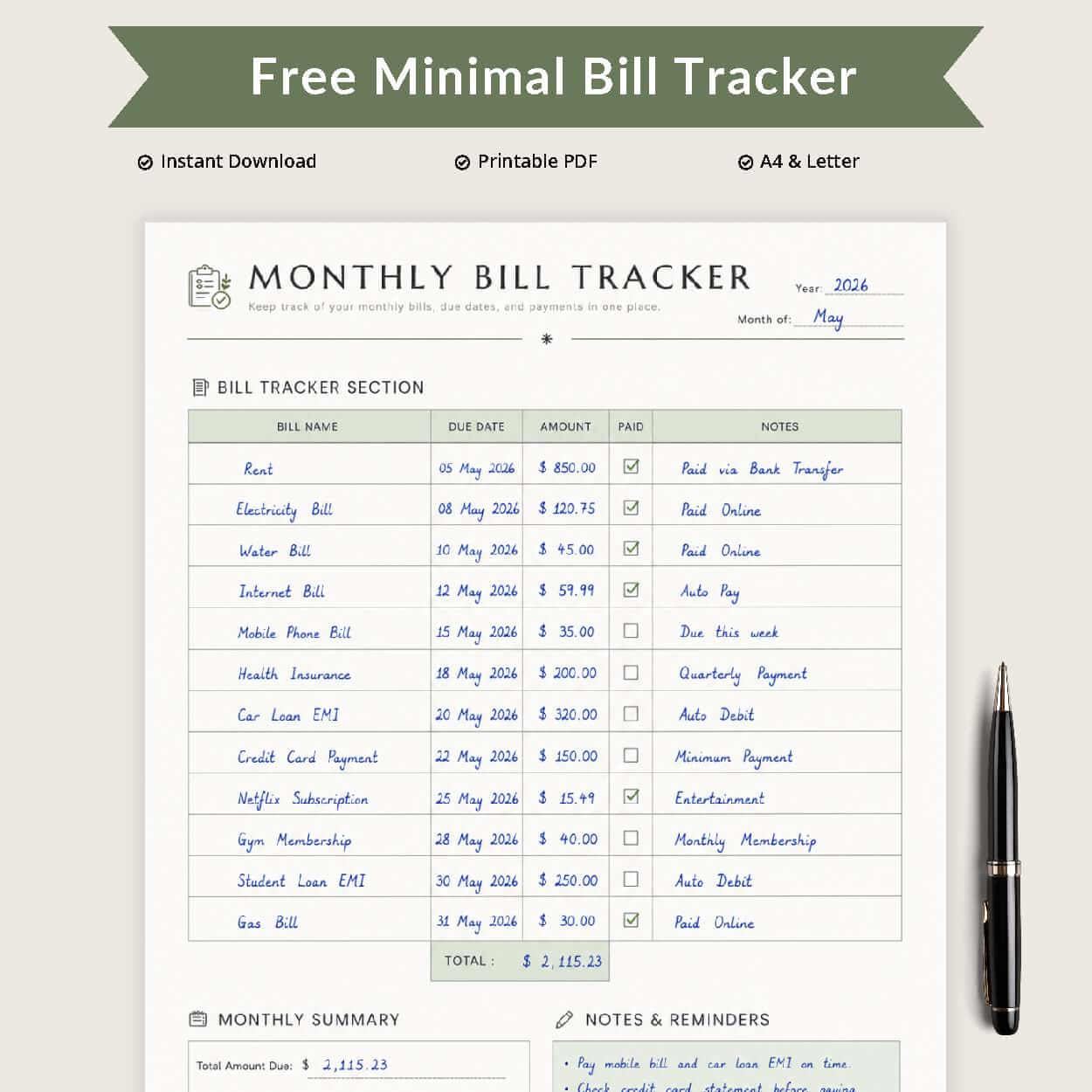 Free Minimal Bill Tracker Thumbnail