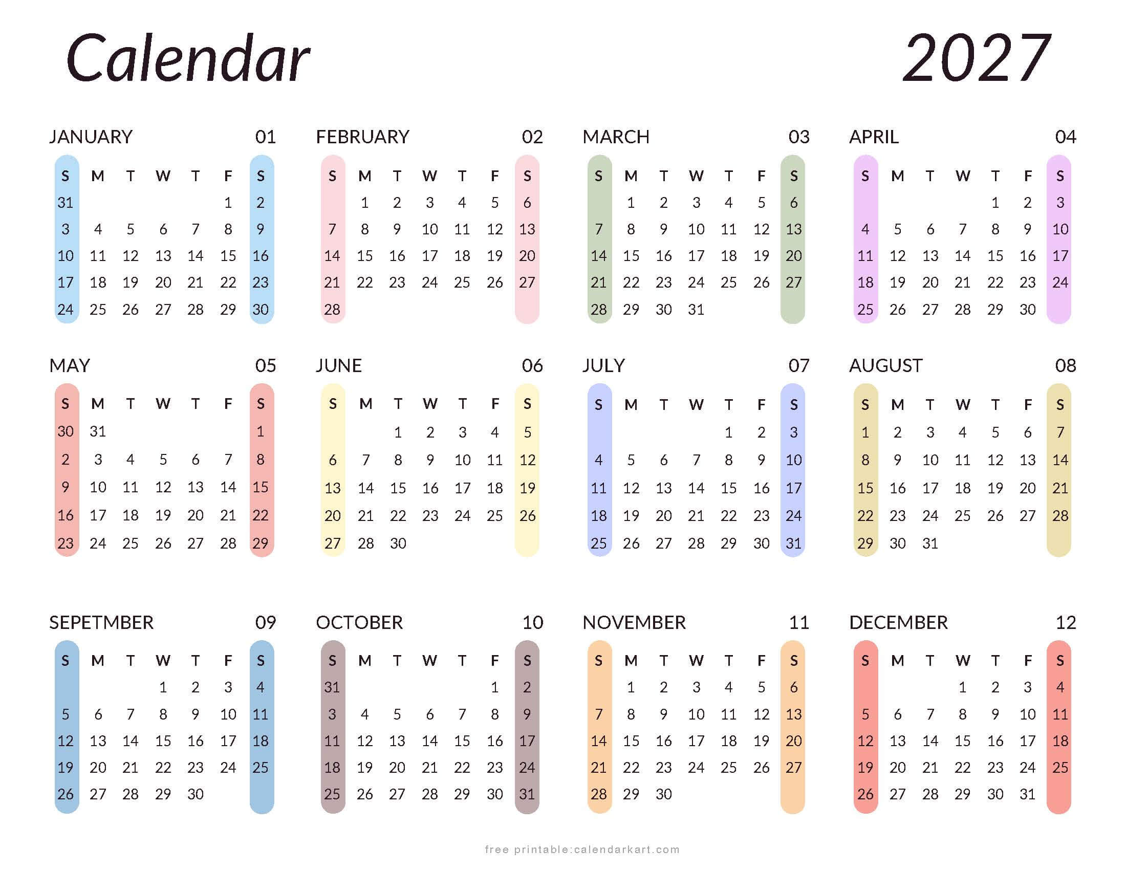 Free Printable 2027 Calendar Template Style 10
