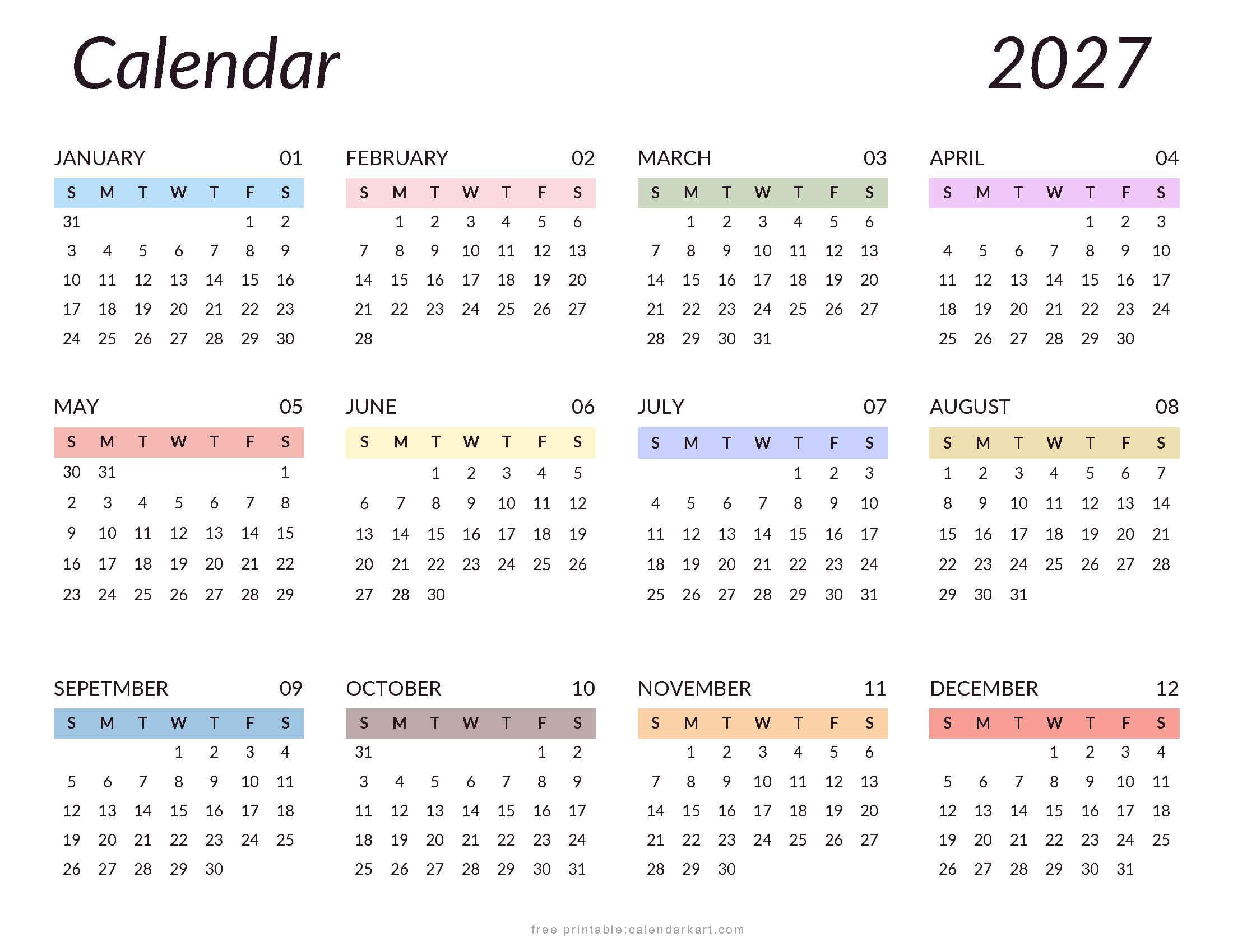 Free Printable 2027 Calendar Template Style 11