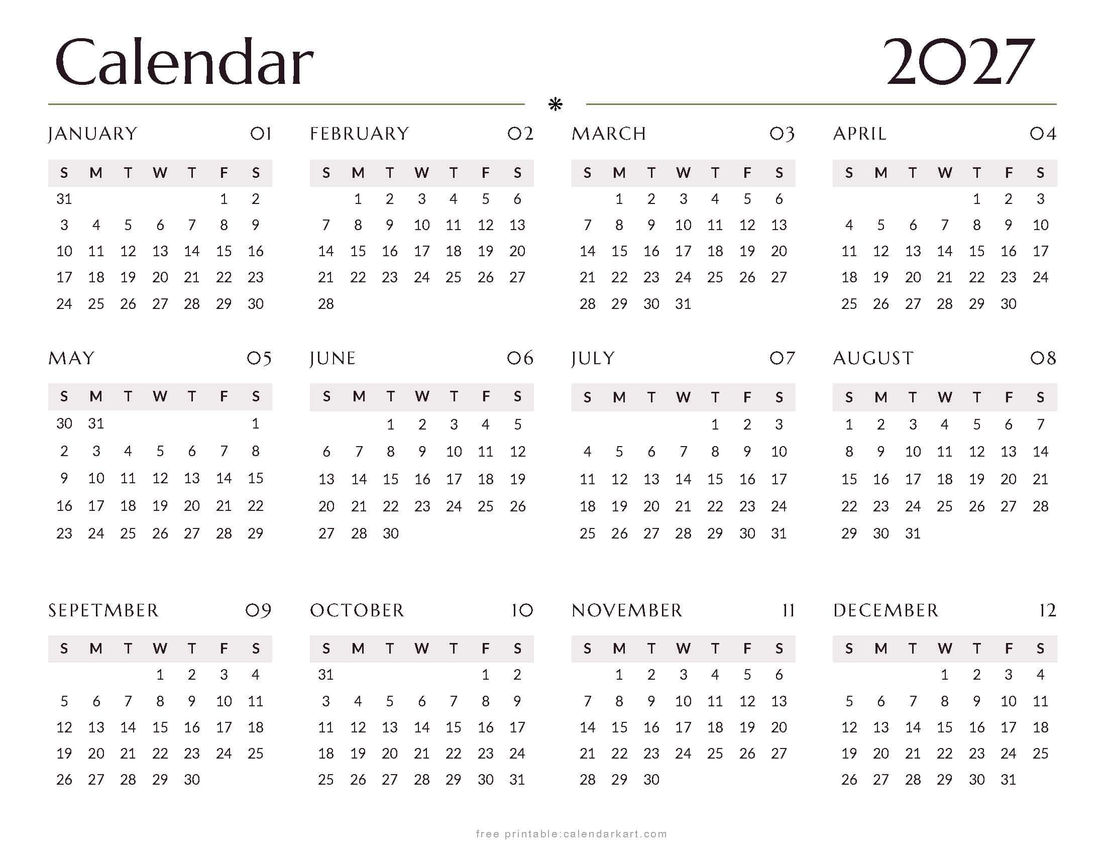 Free Printable 2027 Calendar Template Style 12