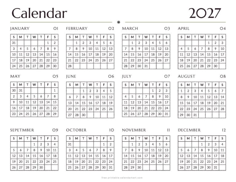2027 Calendar – Free Printable PDF Templates | CalendarKart