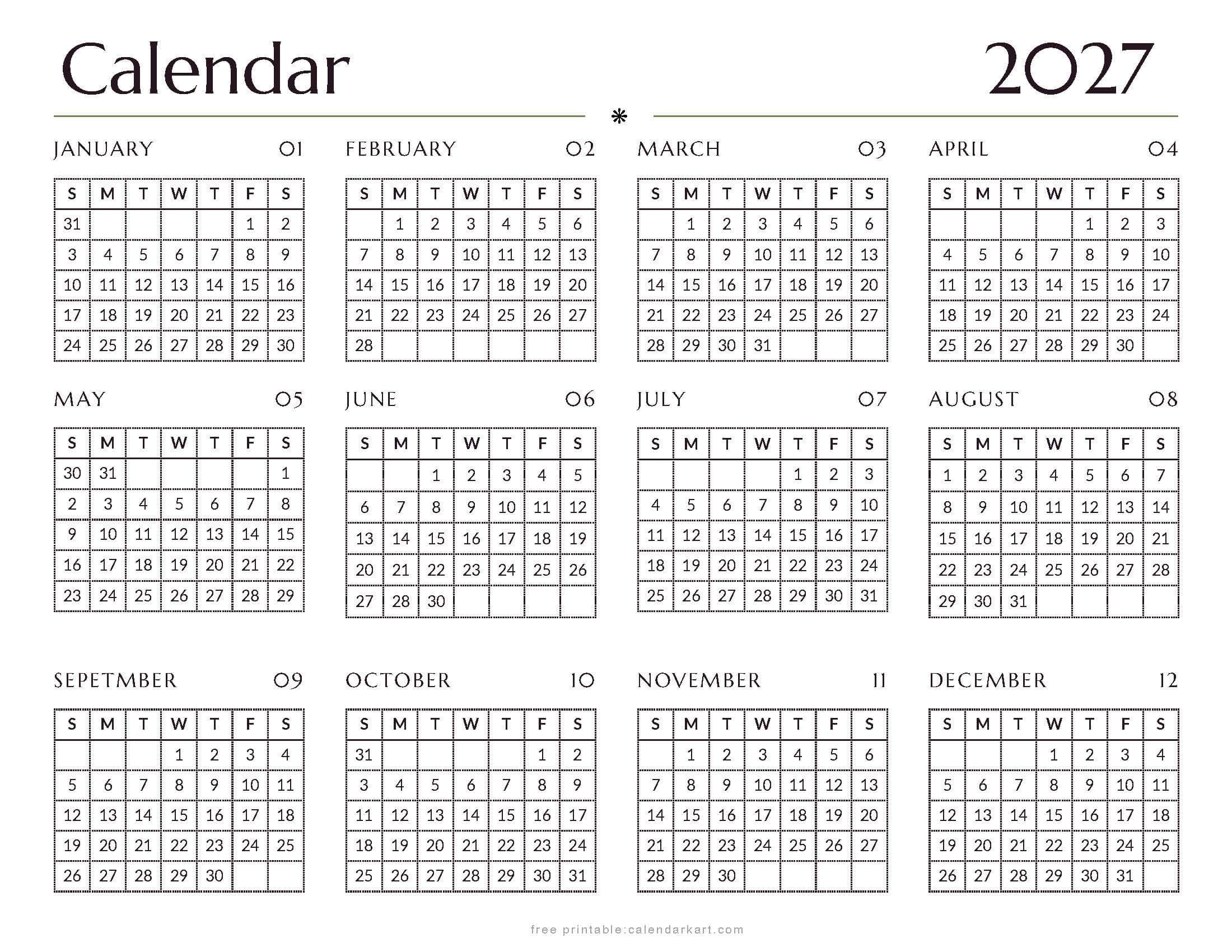 Free Printable 2027 Calendar Template Style 9