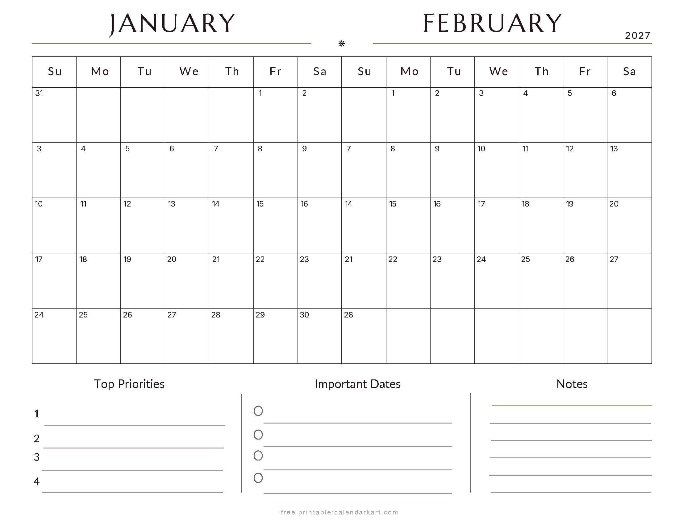 January-February Bi Monthly Calendar 2027 1