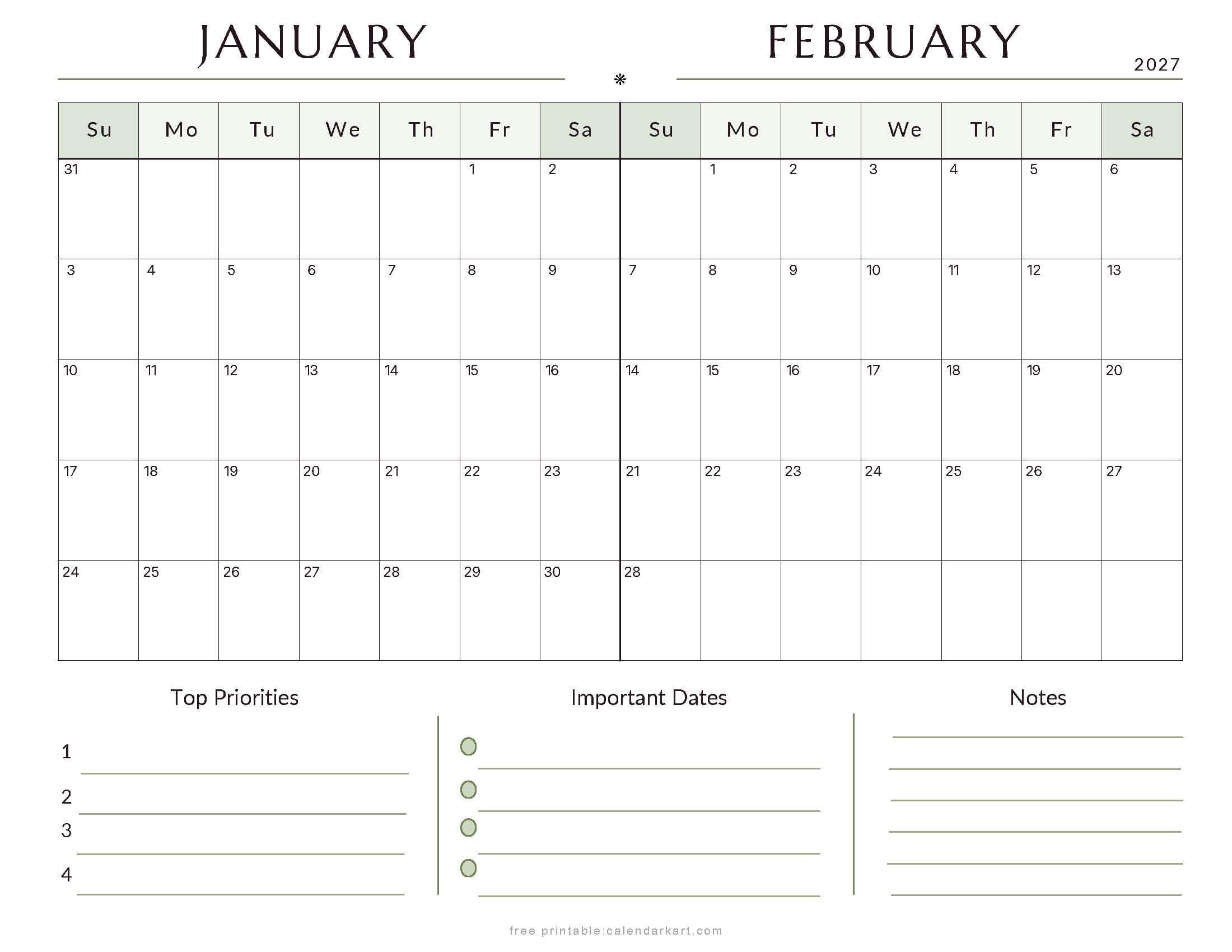 January-February Bi Monthly Calendar 2027 2