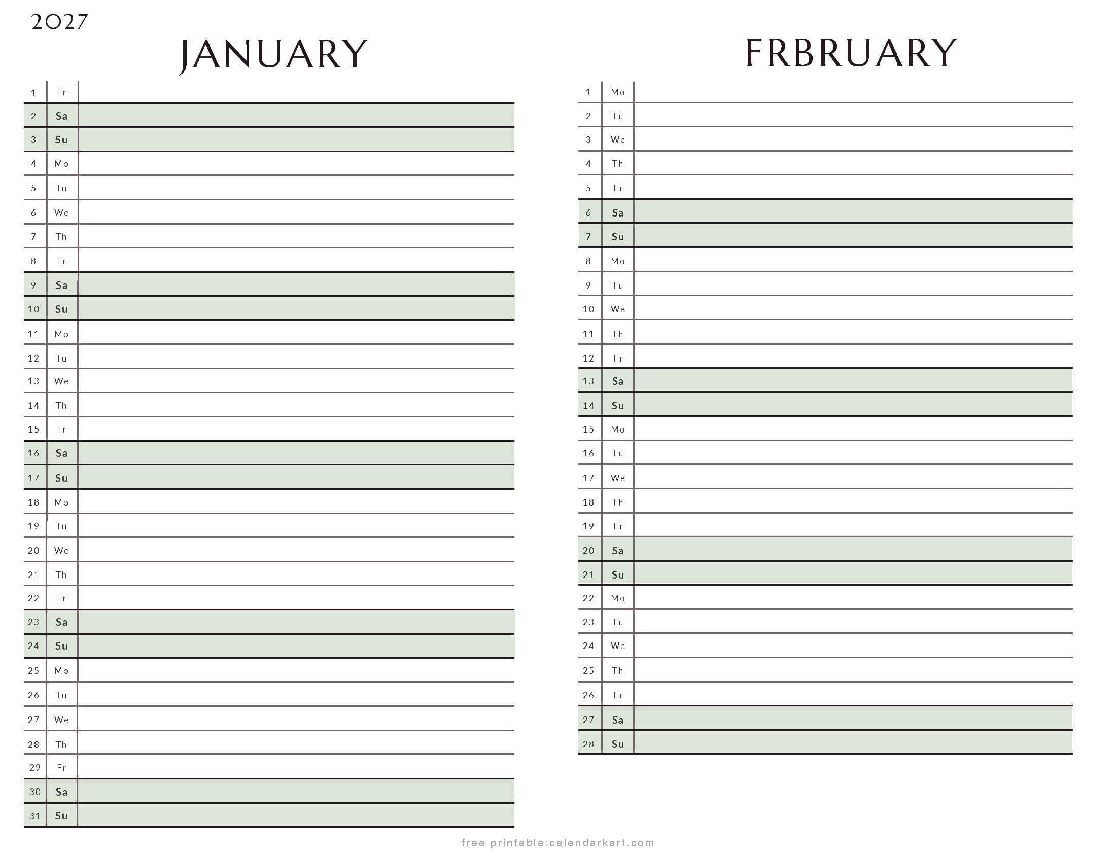 January-February Bi Monthly Calendar 2027 3