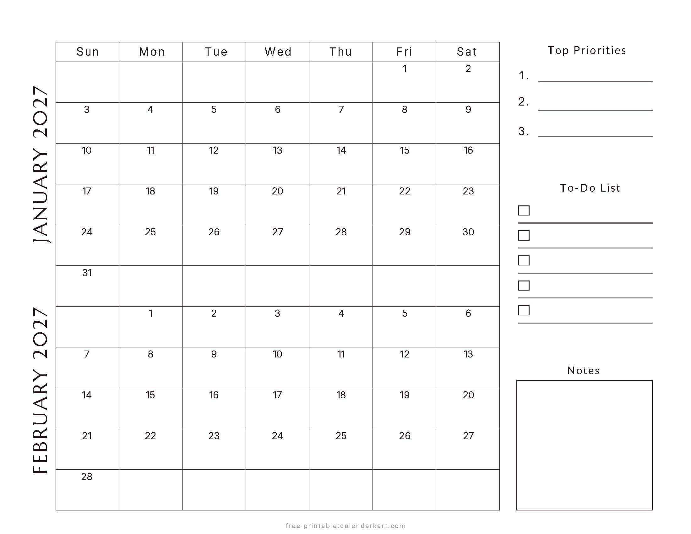 January-February 2027 Calendars – Free Printable PDFs - CalendarKart