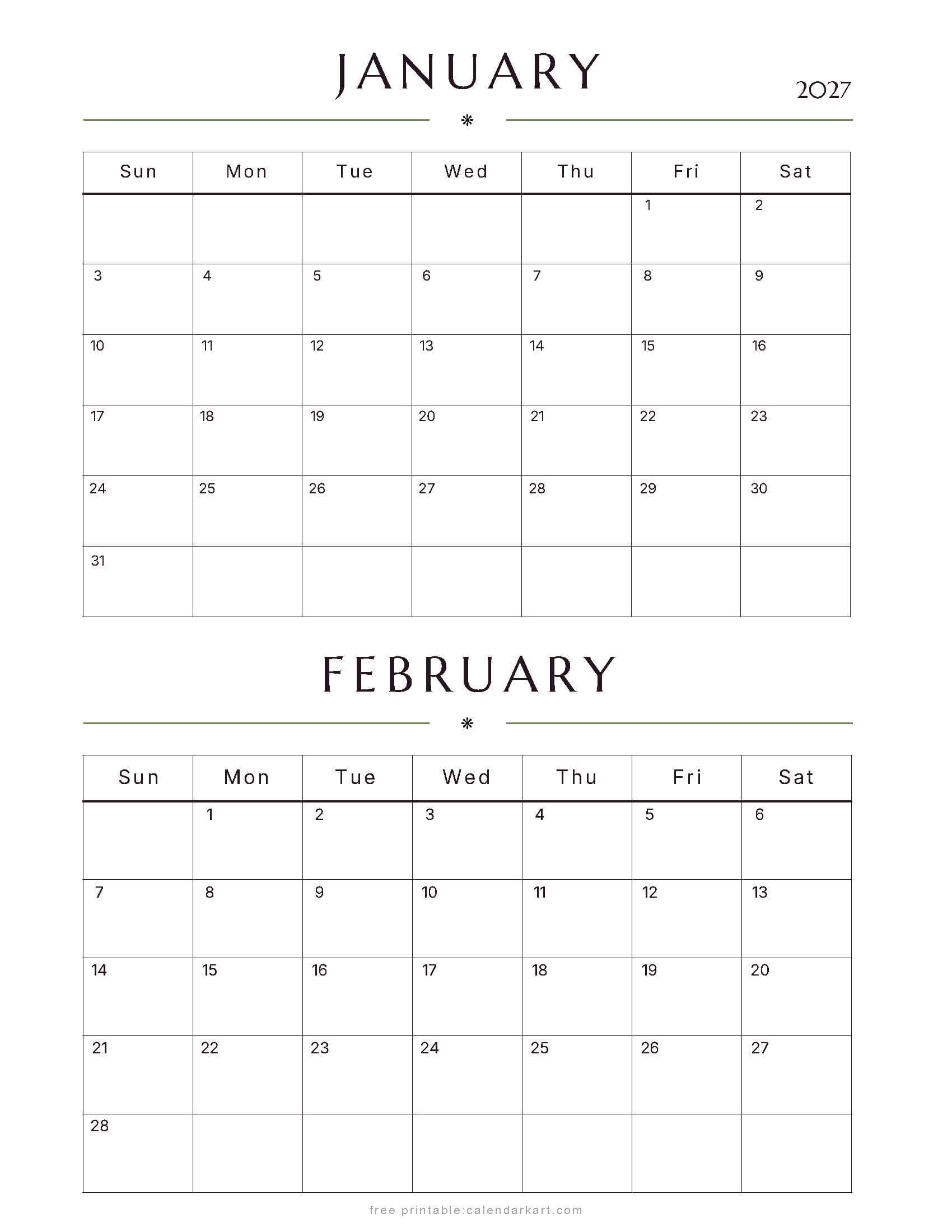 January-February Bi Monthly Calendar 2027 5
