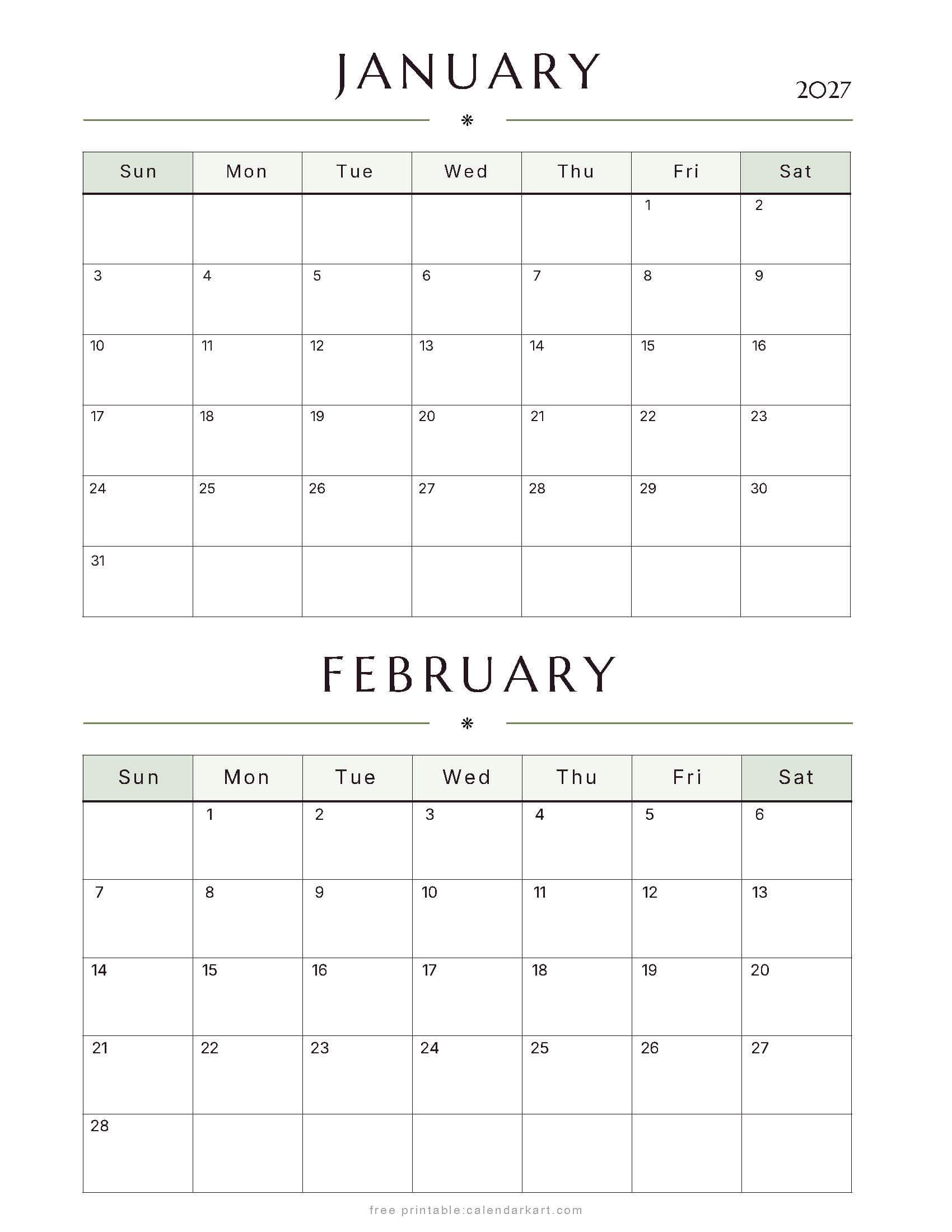 January-February Bi Monthly Calendar 2027 6