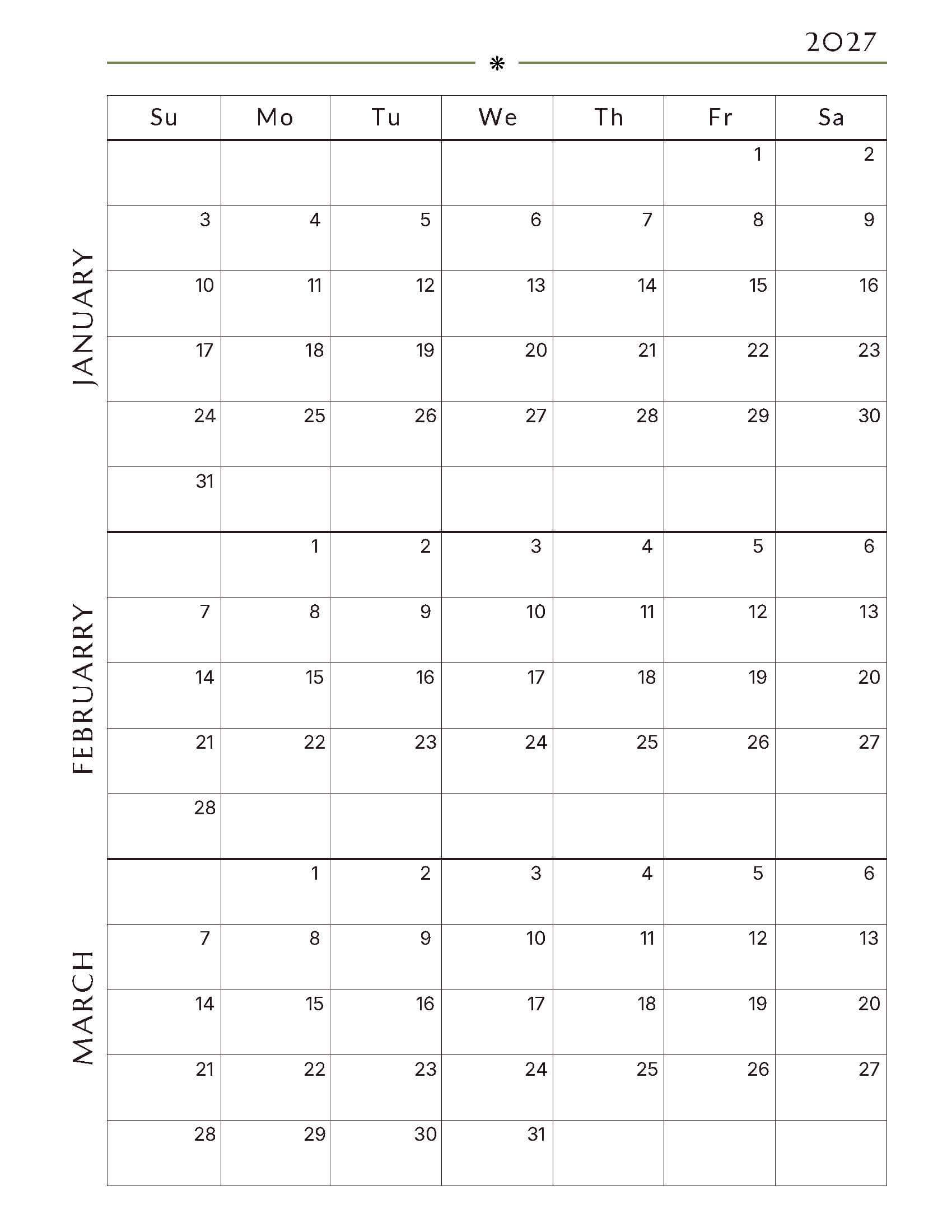 January-March Quarterly Calendar 3