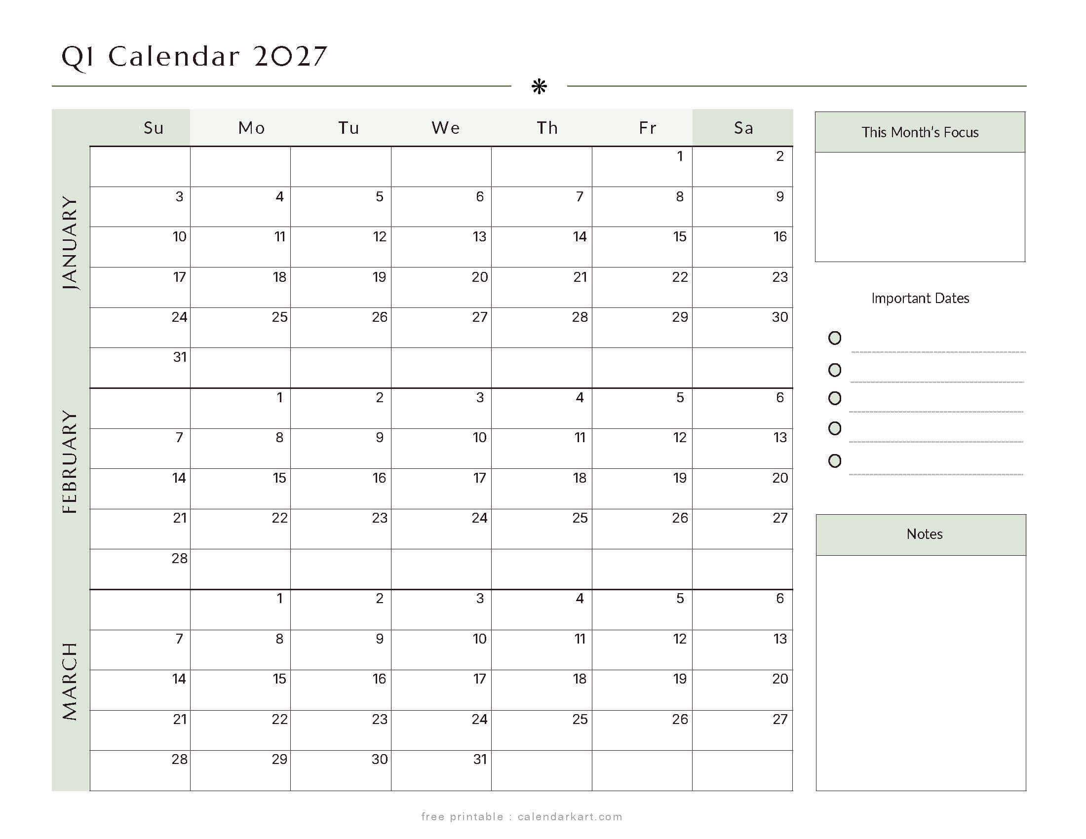 January-March Quarterly Calendar 6