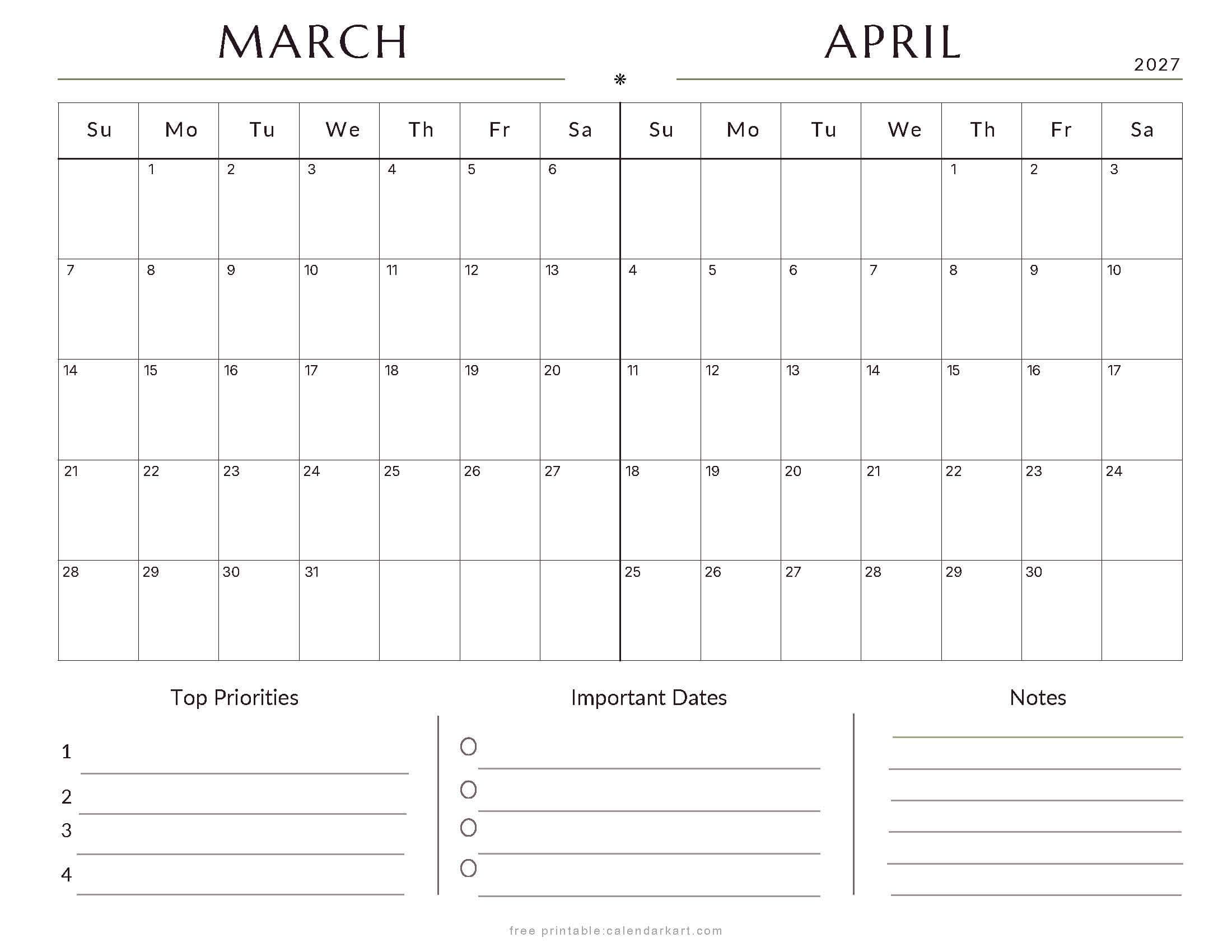March-April Bi Monthly Calendar 2027 1