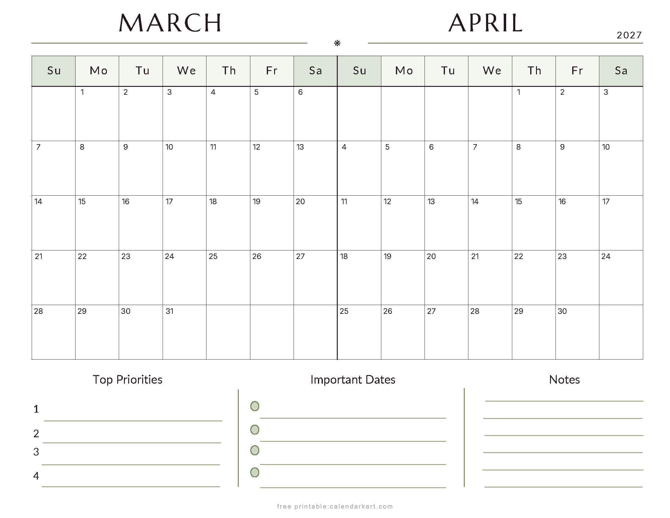 March-April Bi Monthly Calendar 2027 2