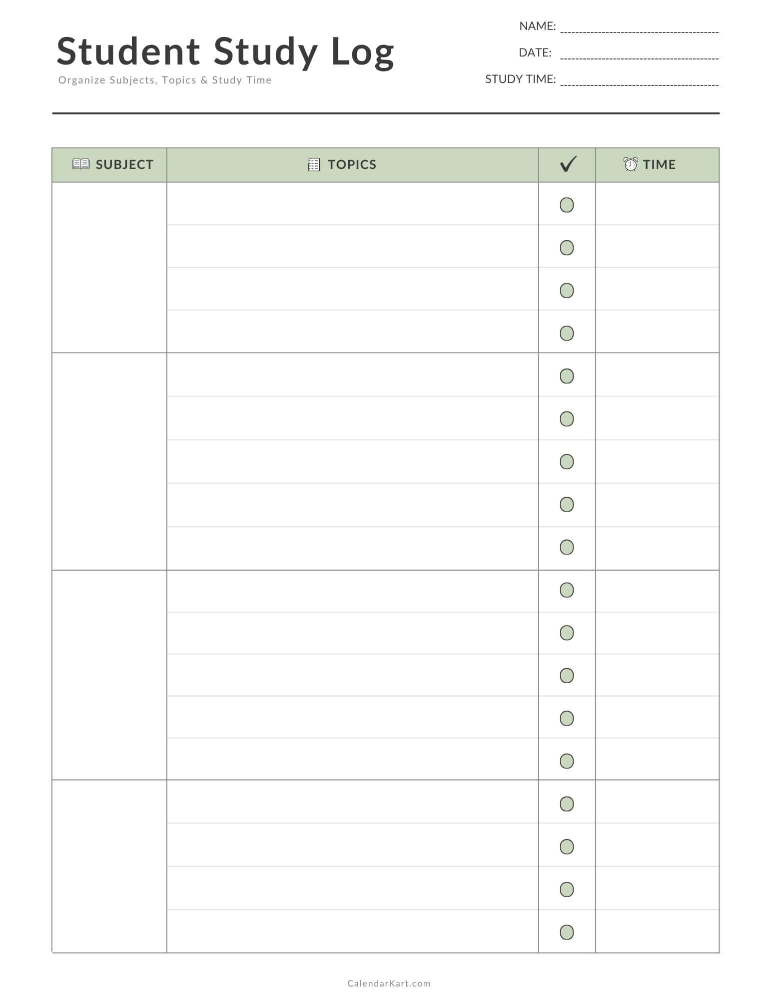 Free Printable Student Study Log Sage Green