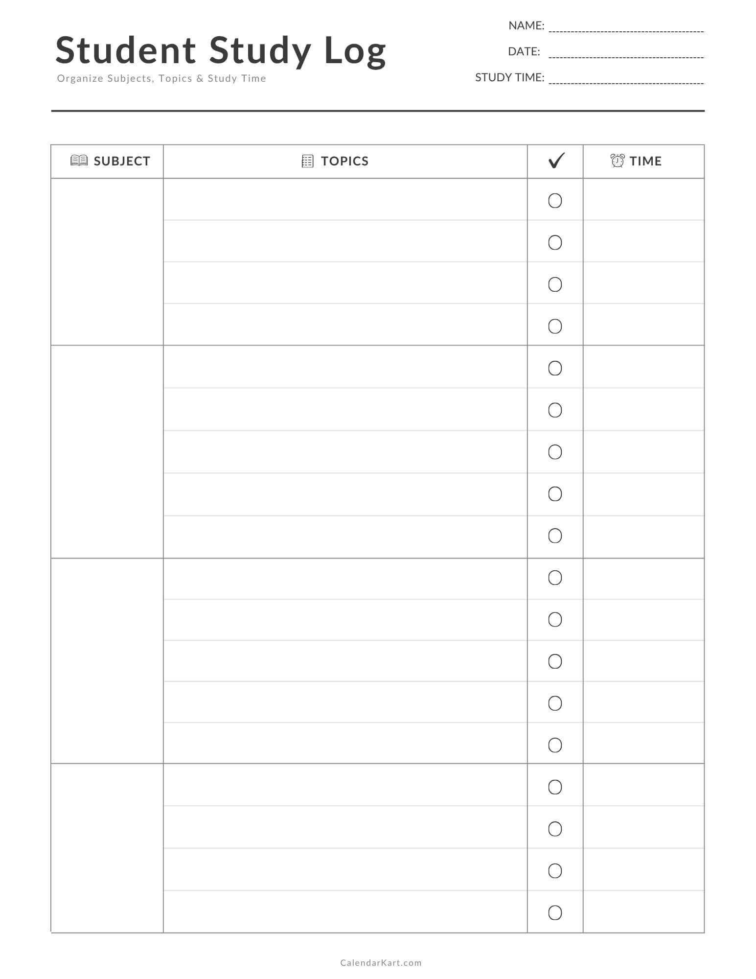 Free Printable Student Study Log