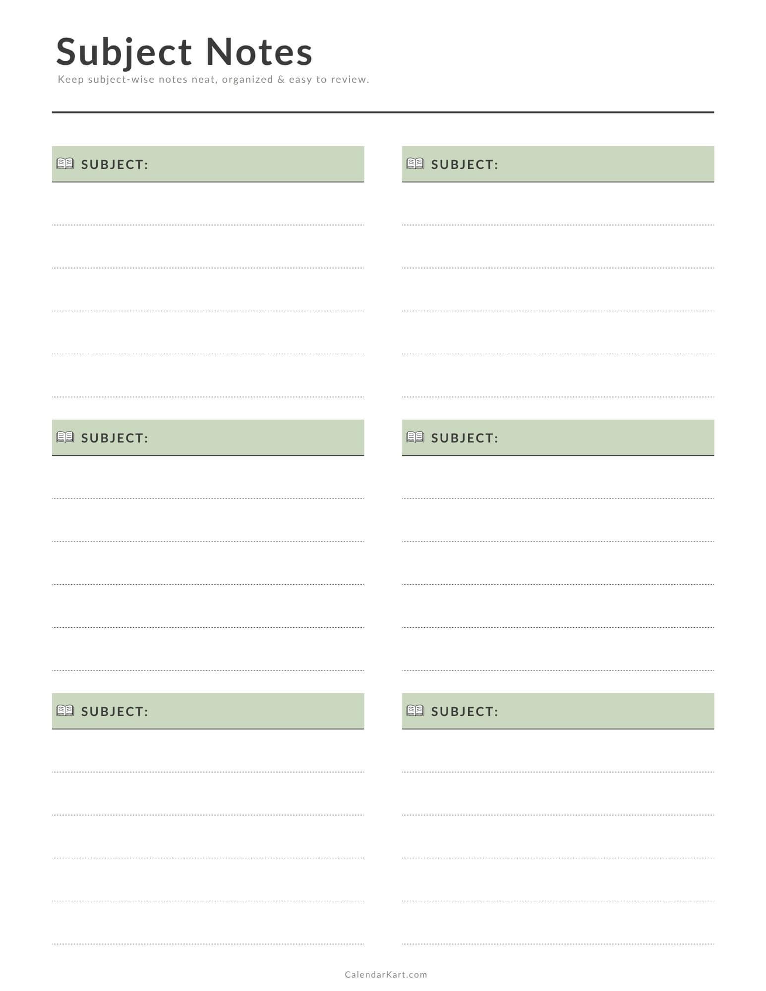 Free Printable Subject Notes Sage Green