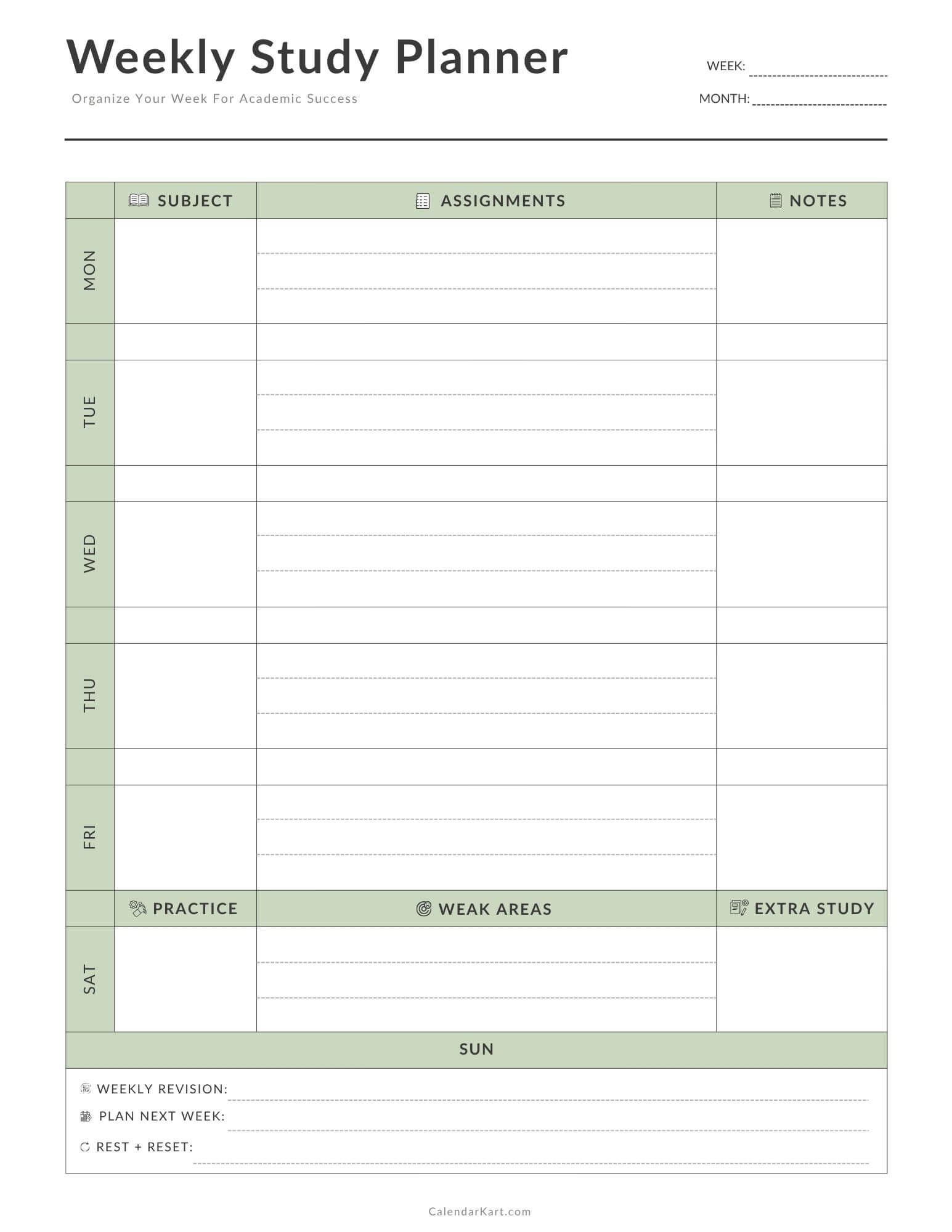 Free Printable Weekly Study Planner Sage Green