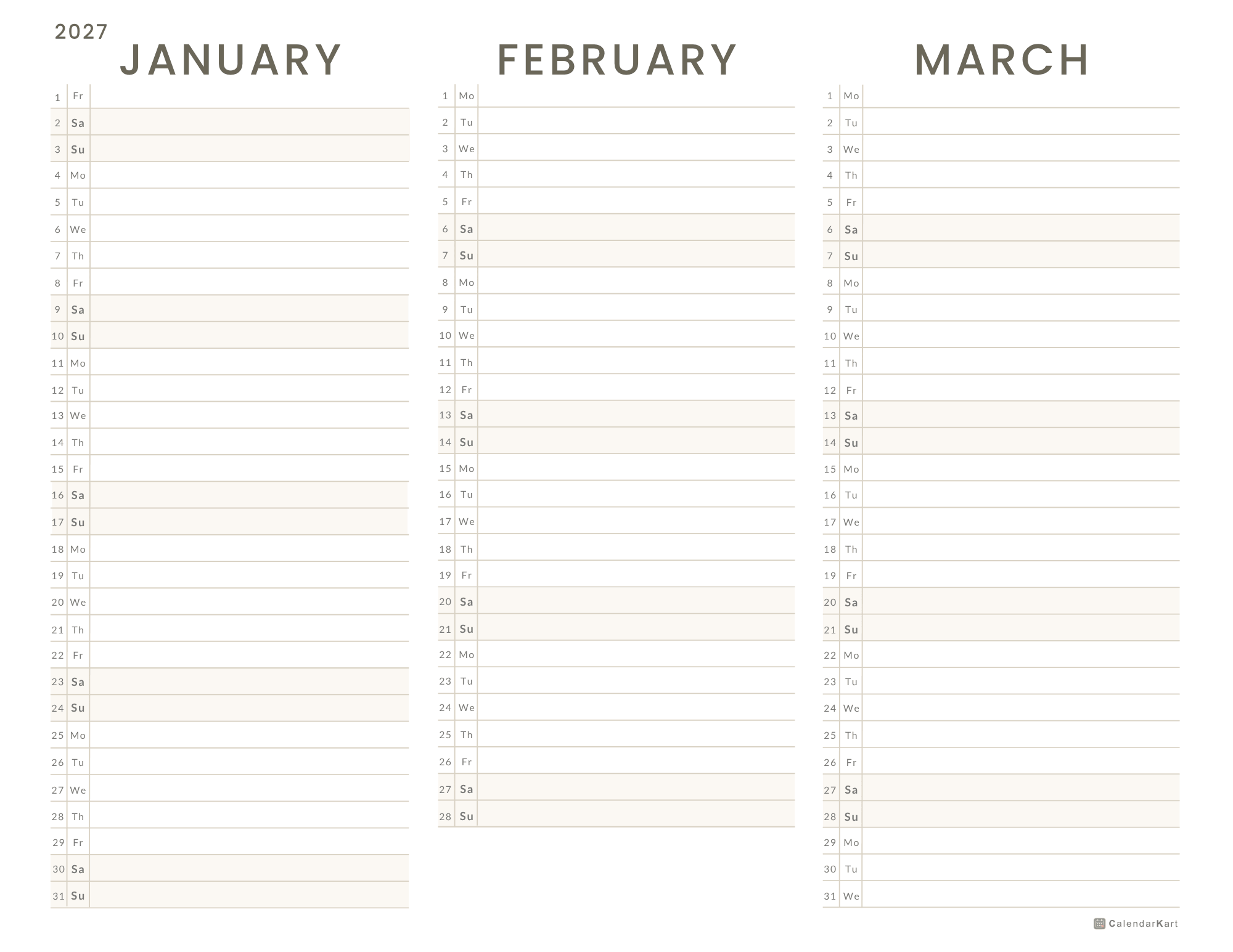2027 Jan-Mar Quarter Calendars 1