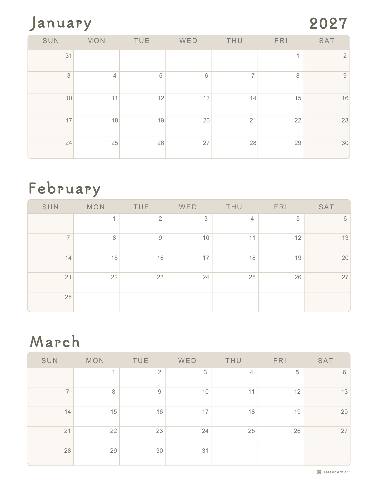 2027 Jan-Mar Quarter Calendars 10