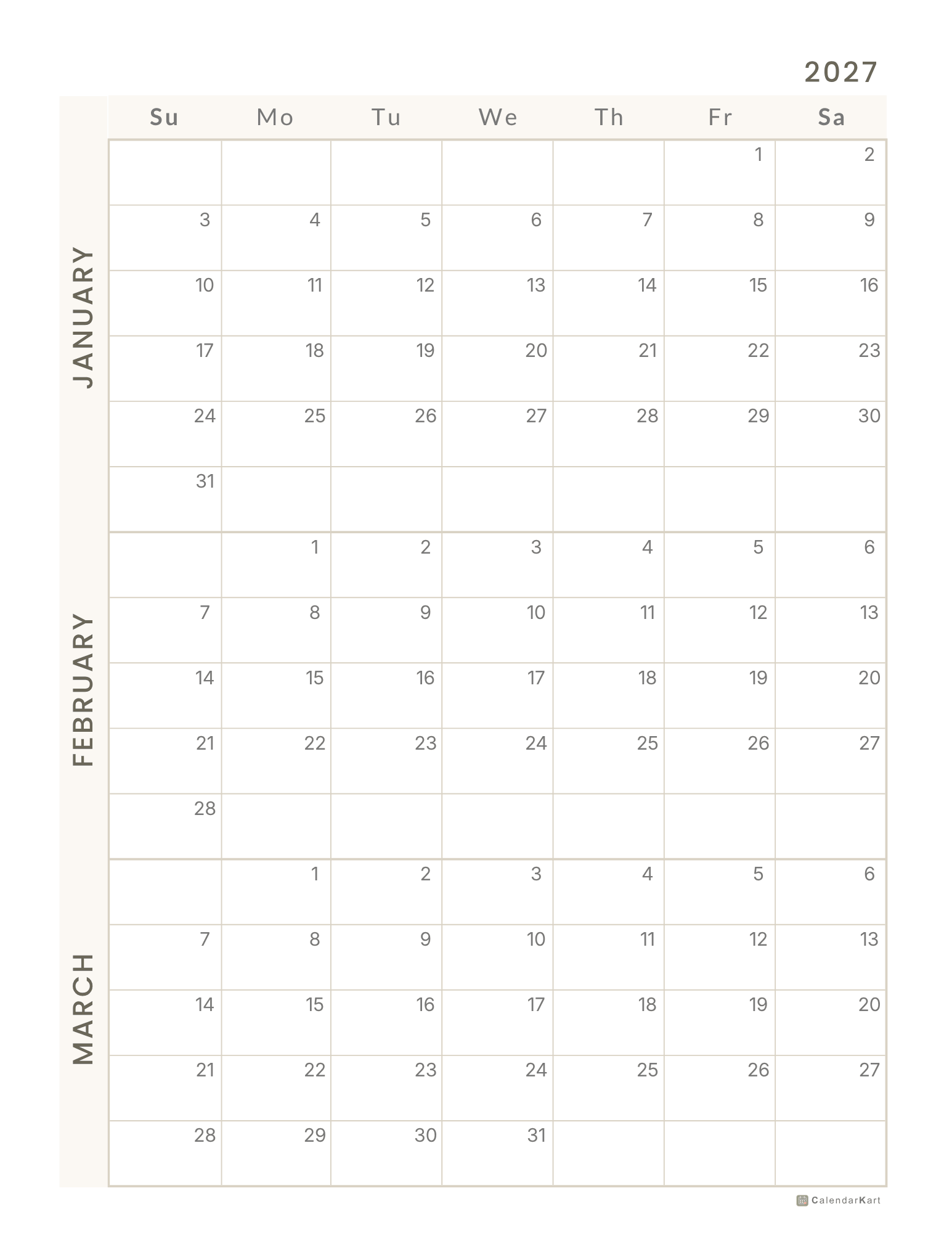2027 Jan-Mar Quarter Calendars 11