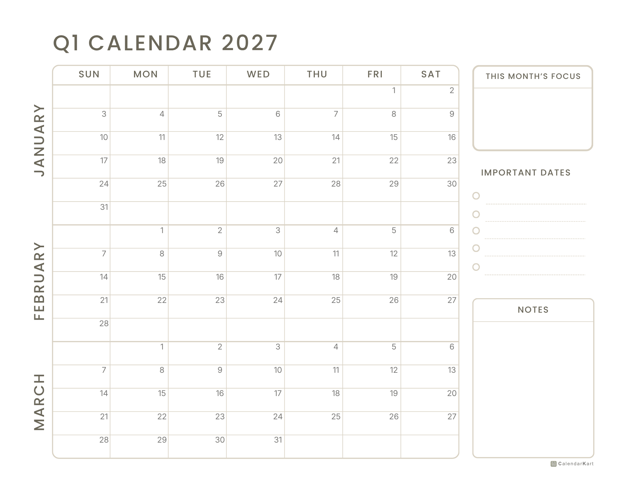 2027 Jan-Mar Quarter Calendars 2