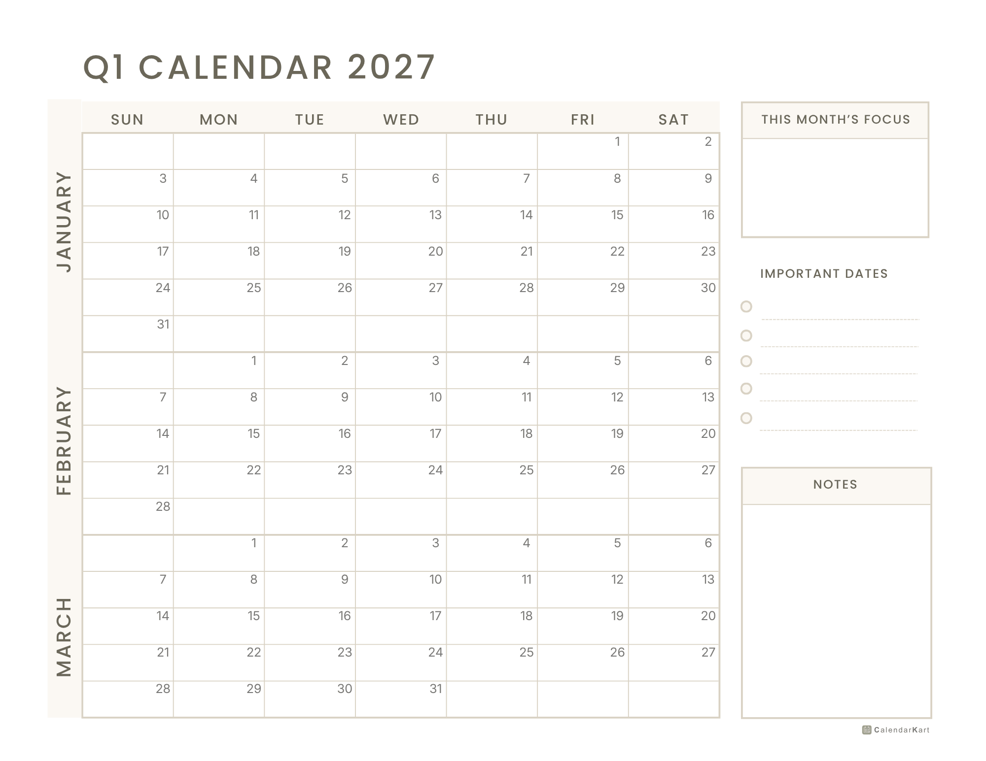 2027 Jan-Mar Quarter Calendars 3