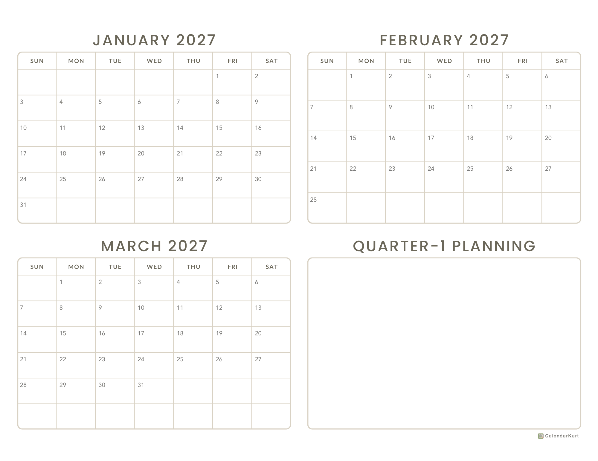 2027 Jan-Mar Quarter Calendars 4