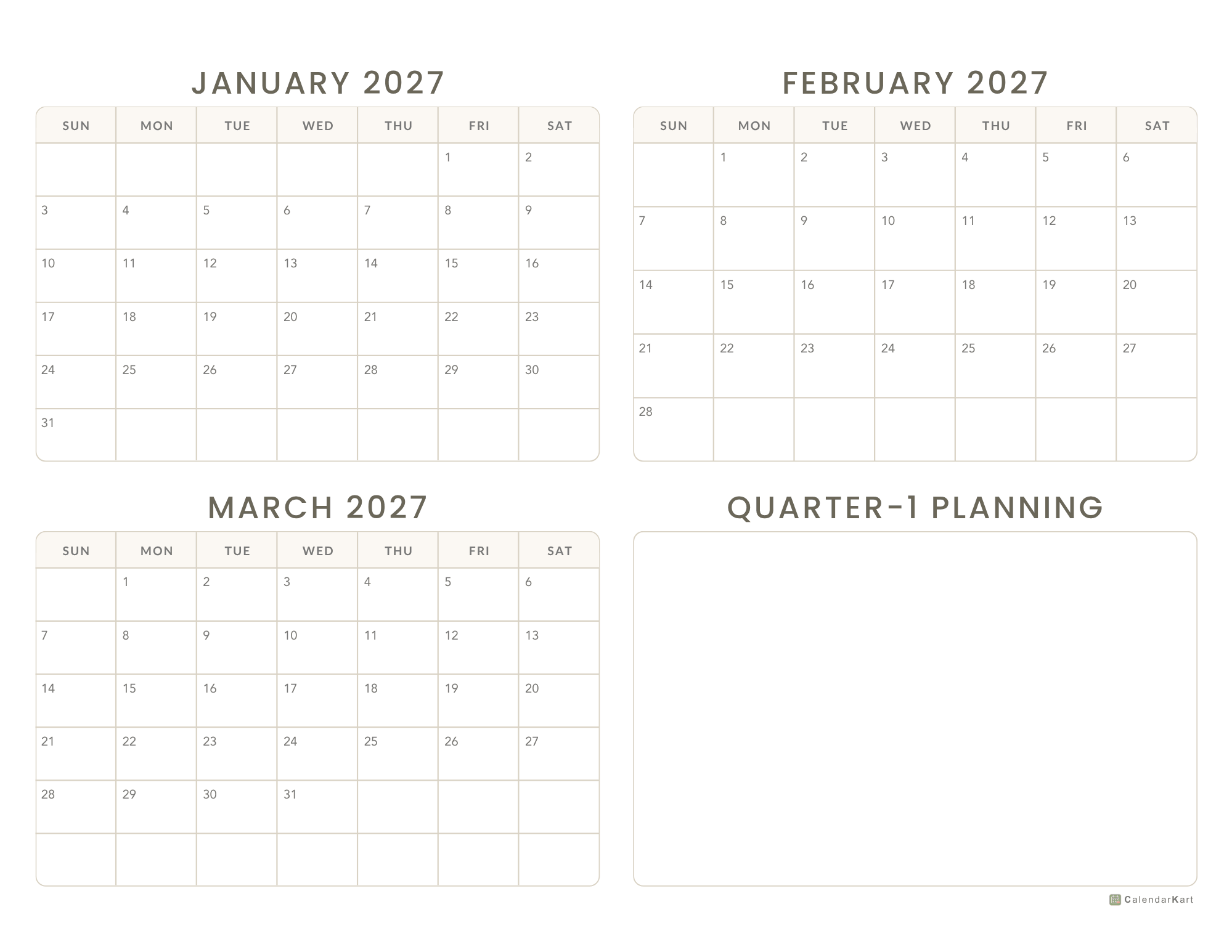 2027 Jan-Mar Quarter Calendars 5