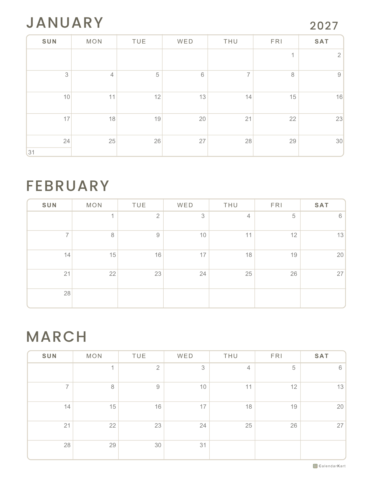 2027 Jan-Mar Quarter Calendars 6