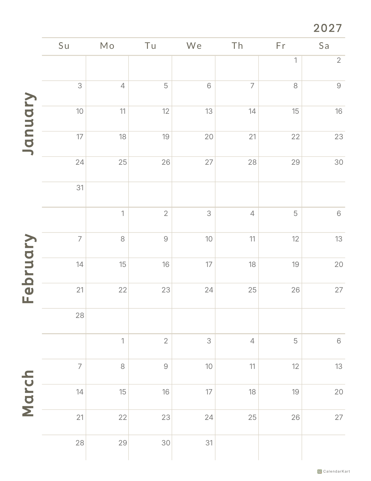 2027 Jan-Mar Quarter Calendars 7