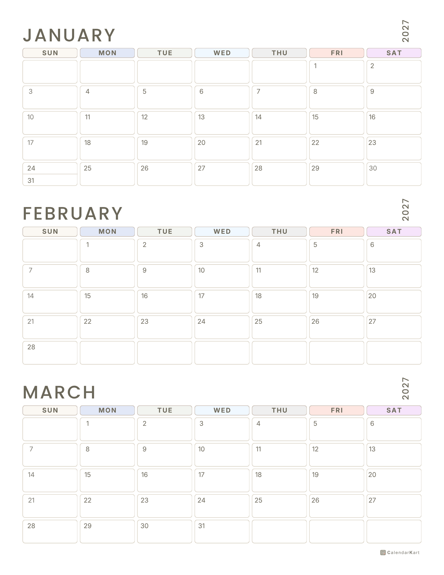 2027 Jan-Mar Quarter Calendars 8
